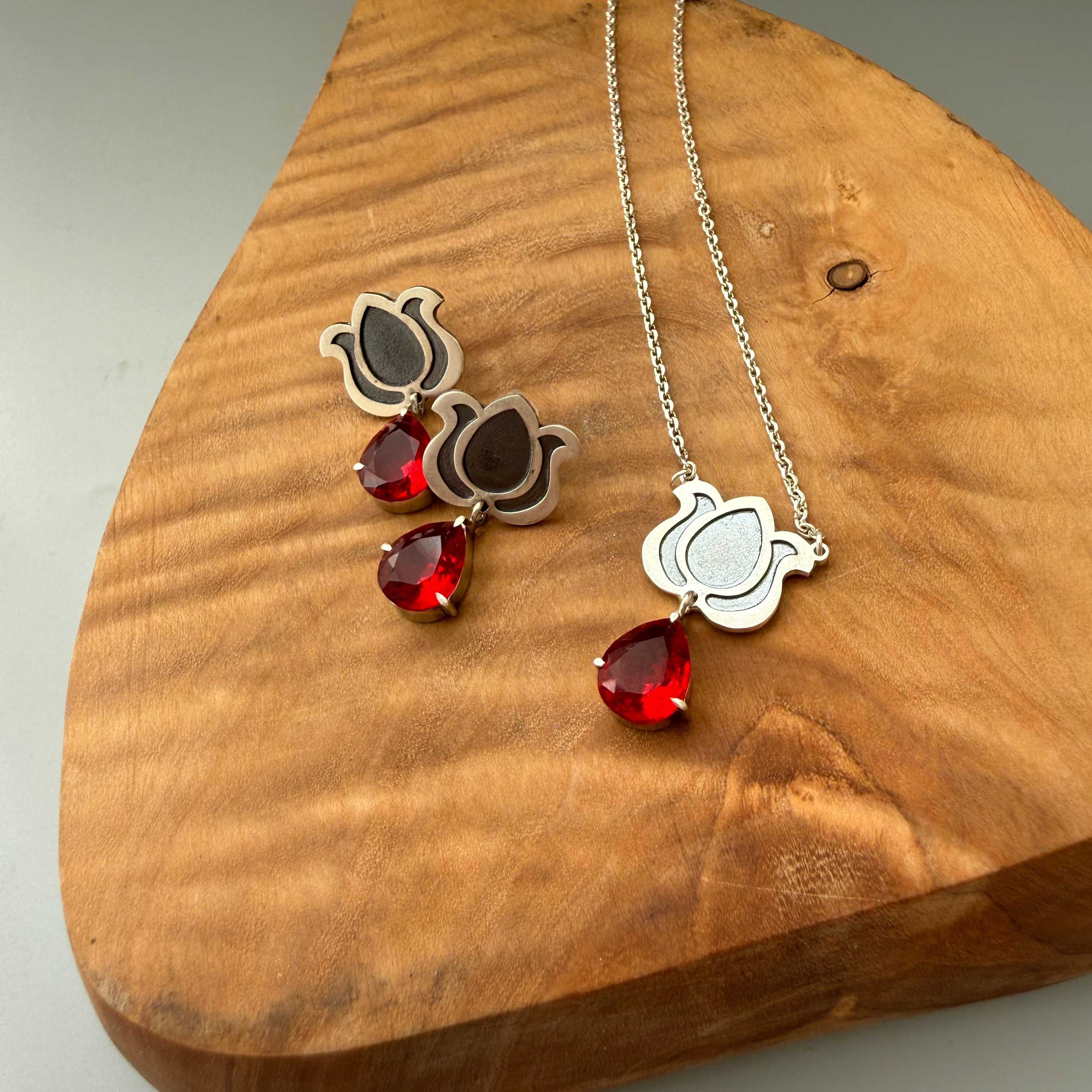 Handmade Silver Necklace with Persian Shiny Red crystal - AFRA ART GALLERY