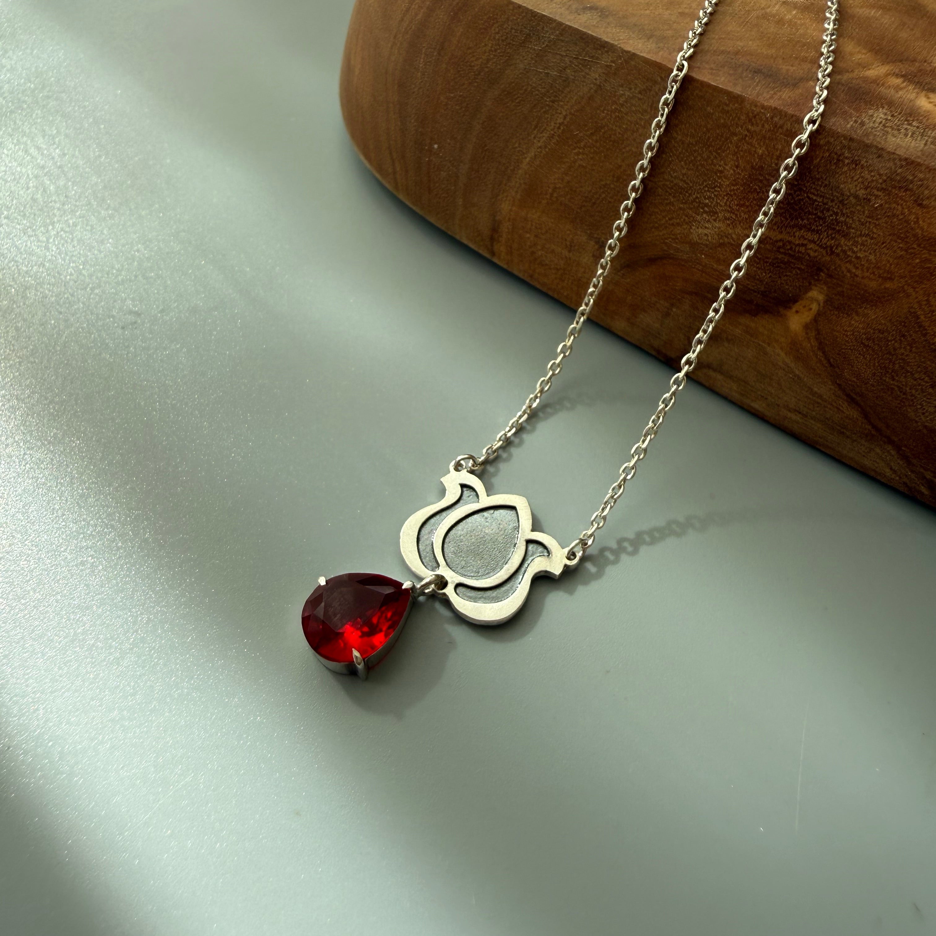 Handmade Silver Necklace with Persian Shiny Red crystal - AFRA ART GALLERY