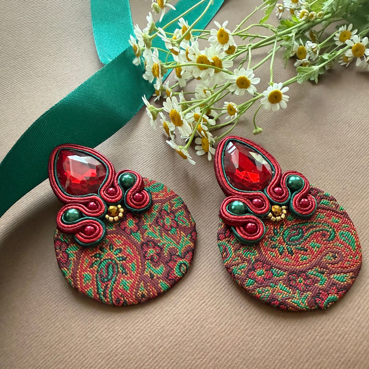 Soutache Earrings with Termeh and Beads - AFRA ART GALLERY