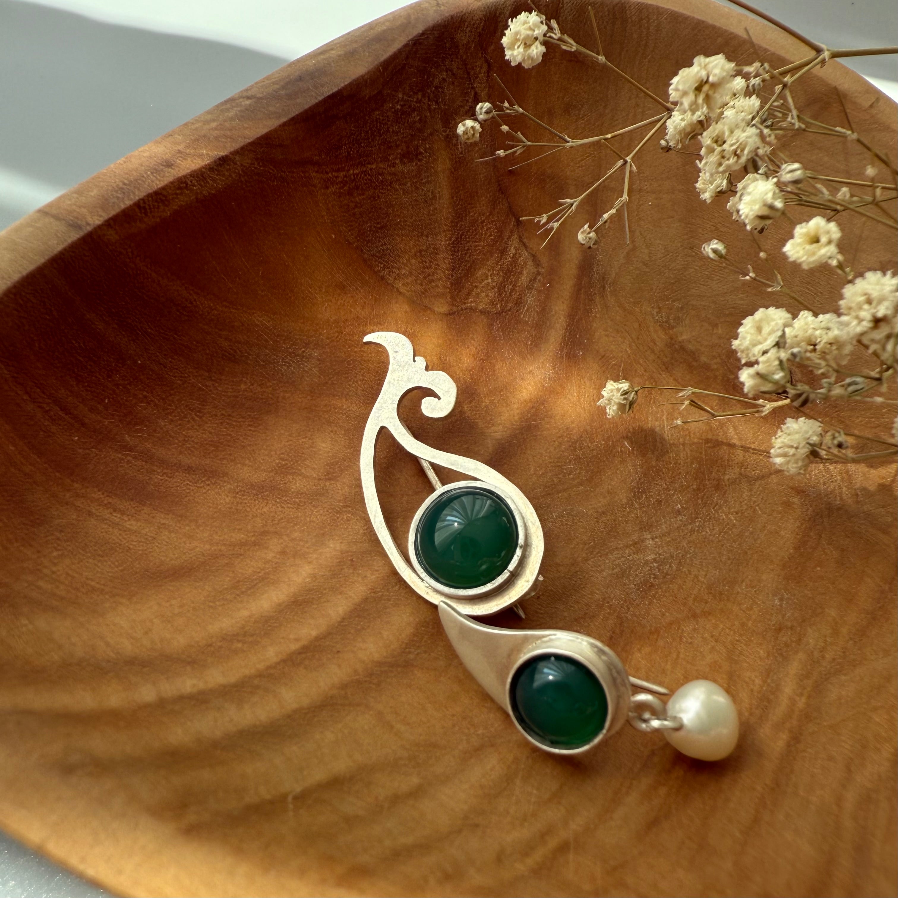 Handmade Asymmetric Silver Earrings with Green agate