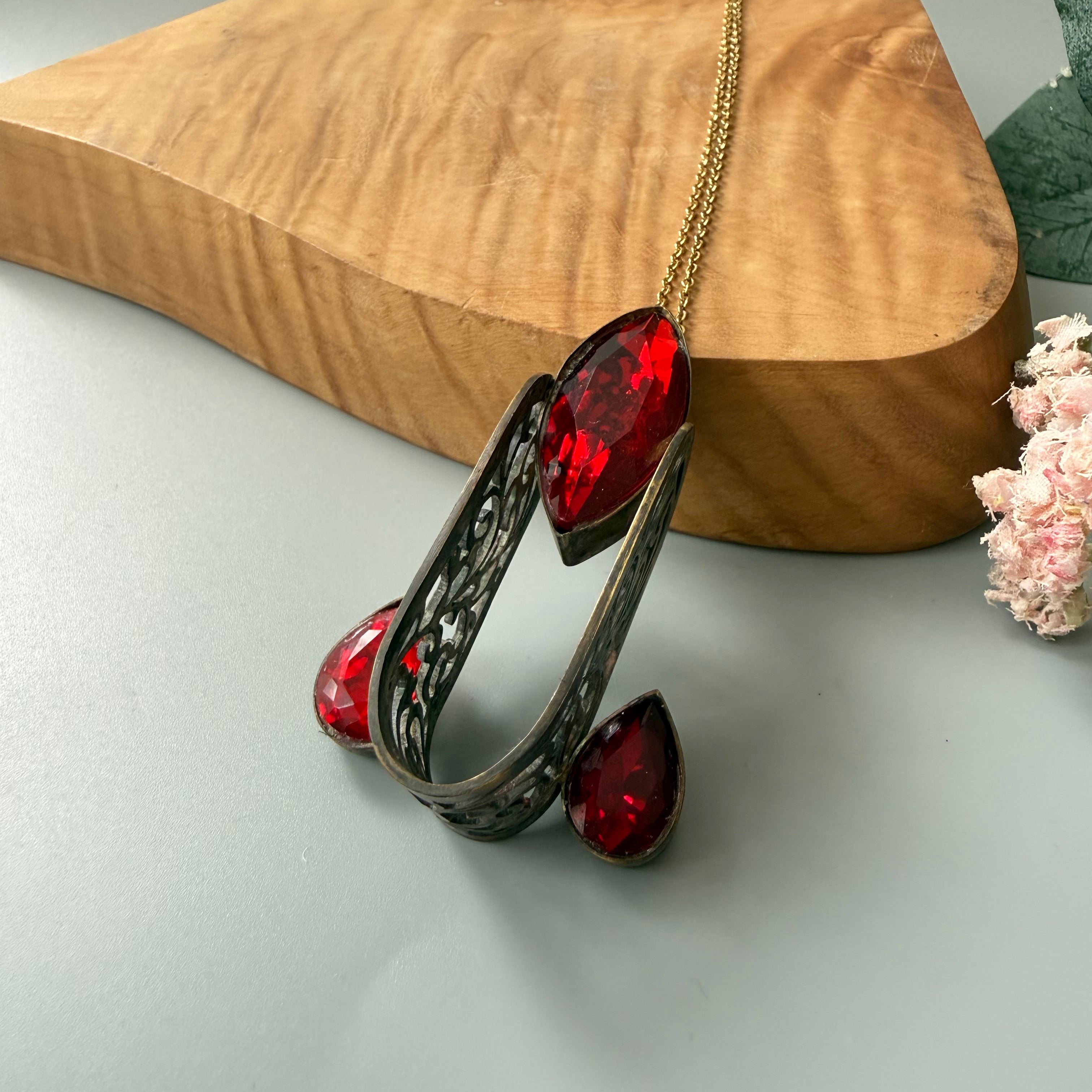 Handmade Brass Necklace with Persian Motifs and Red Crystal