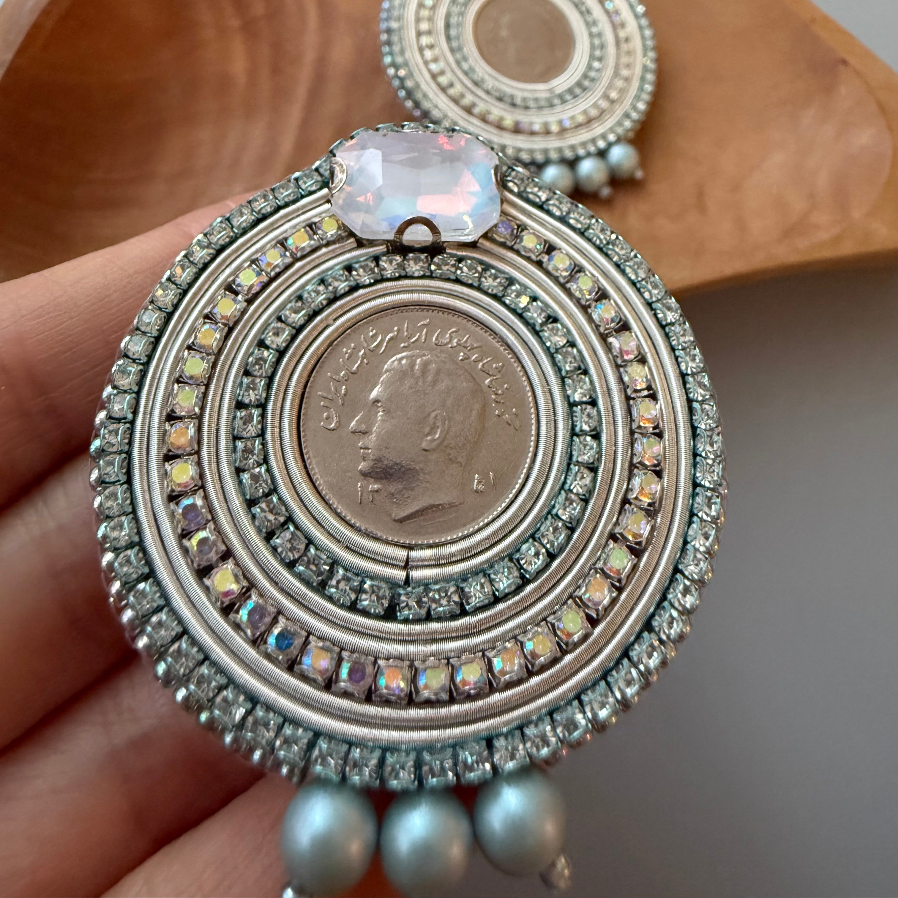 Beaded Embroidery Earrings in with Pahlavi Coin - AFRA ART GALLERY