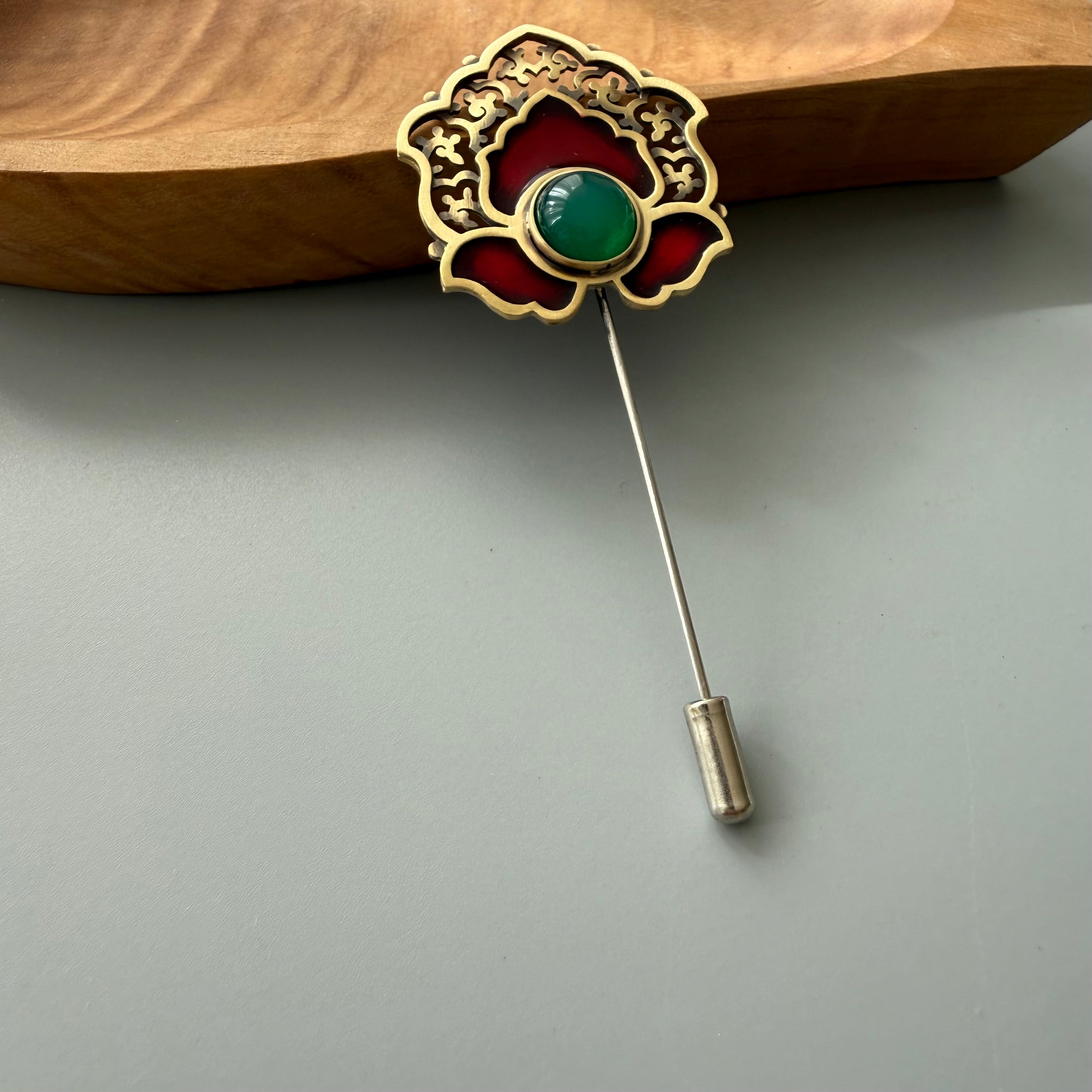 Handmade Engraved Brooch with Enamel and Agate - AFRA ART GALLERY