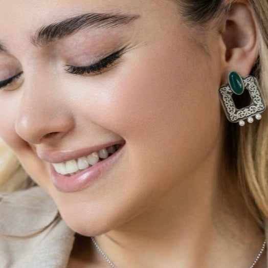 Handmade Persian Eearrings with Engraving and Green Agate