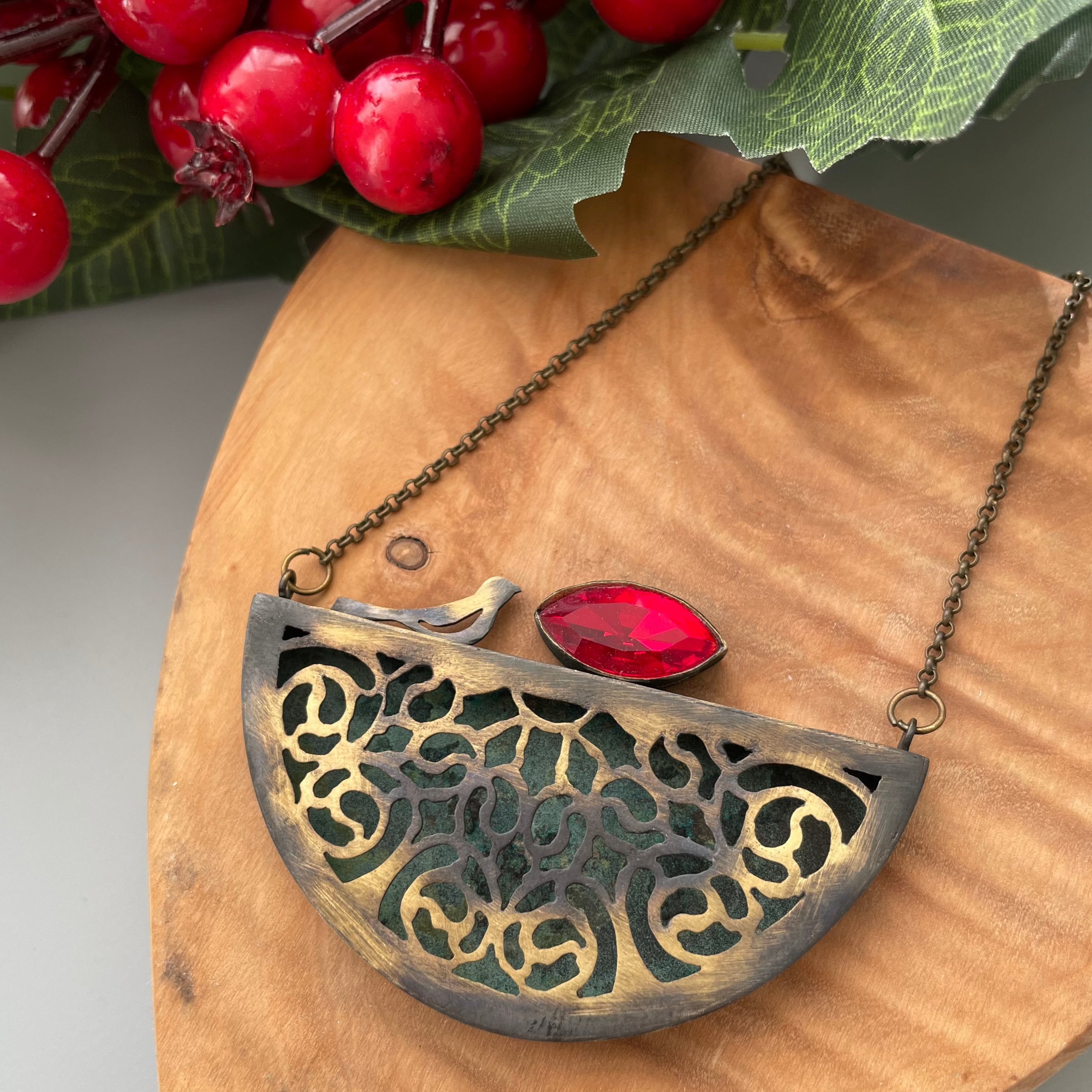 Persian Necklace Handmade Brass Necklace with Persian Motifs and Red Crystal: Persian Jewelry-AFRA ART GALLERY