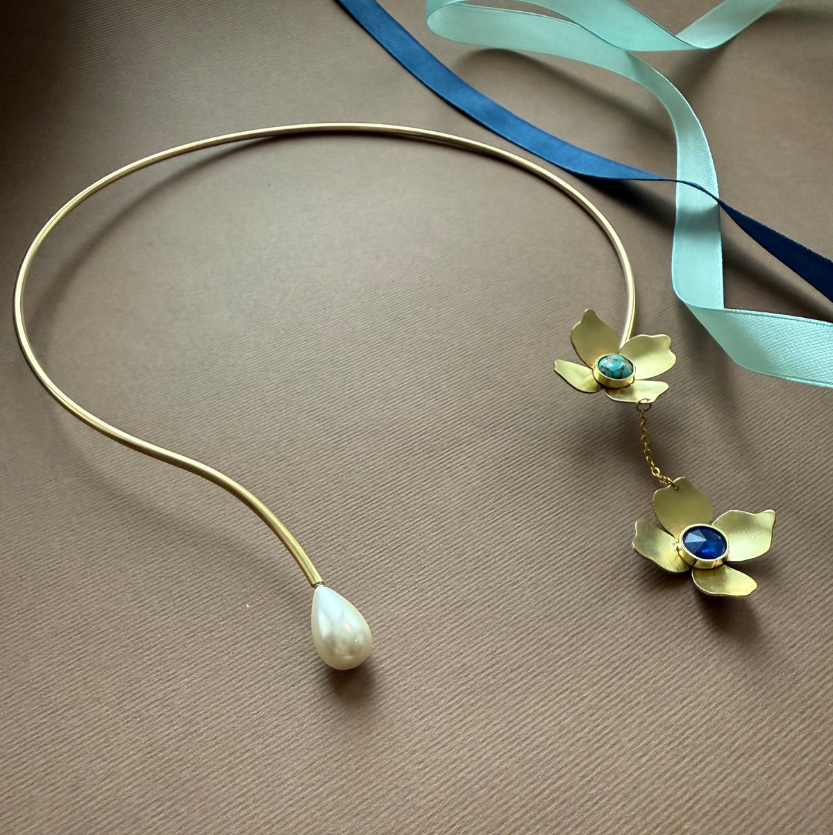 Handmade Brass Flower Choker with Shiny Crystal and Turquoise - AFRA ART GALLERY