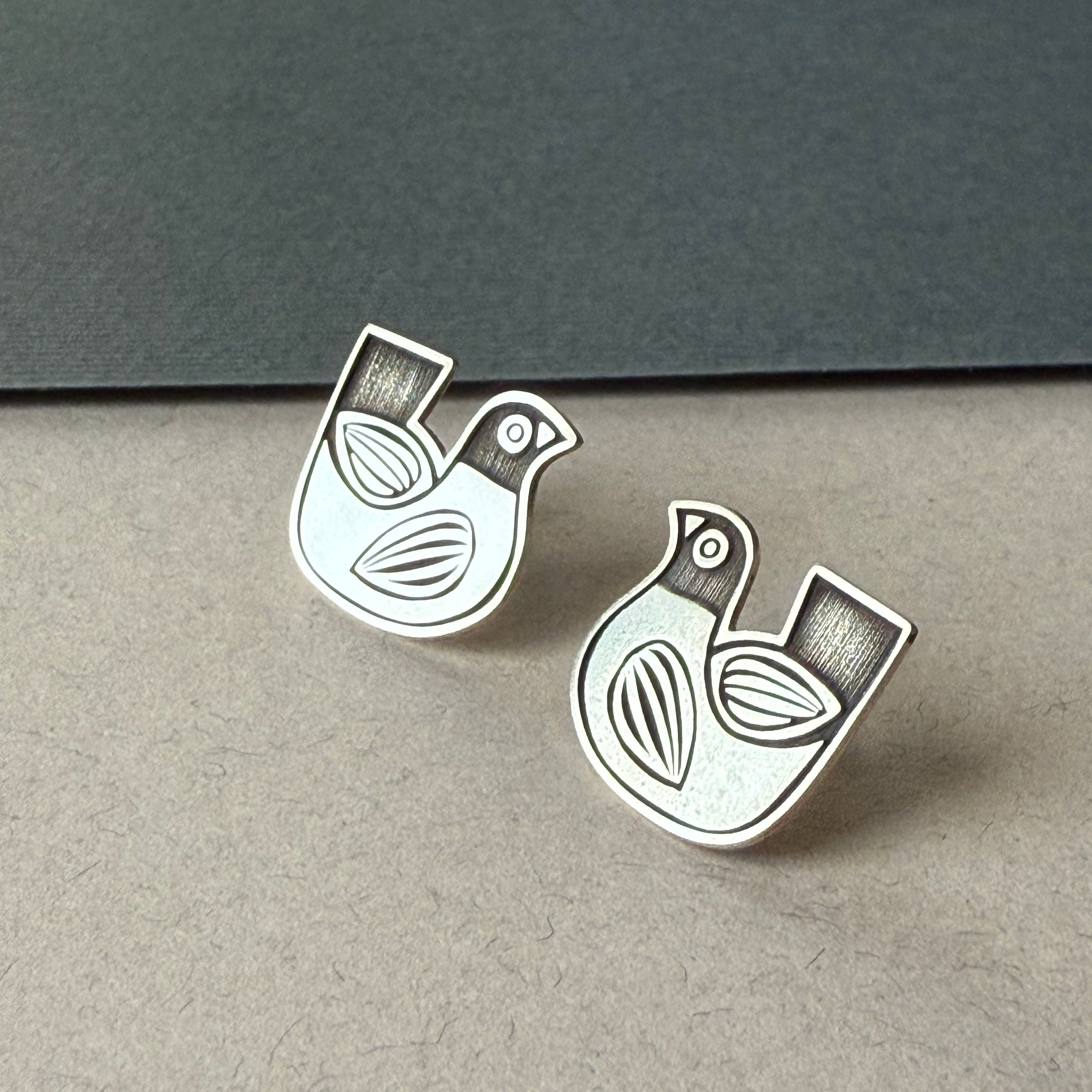 Handmade Bird Silver Earrings With Minimal Design and Engraving