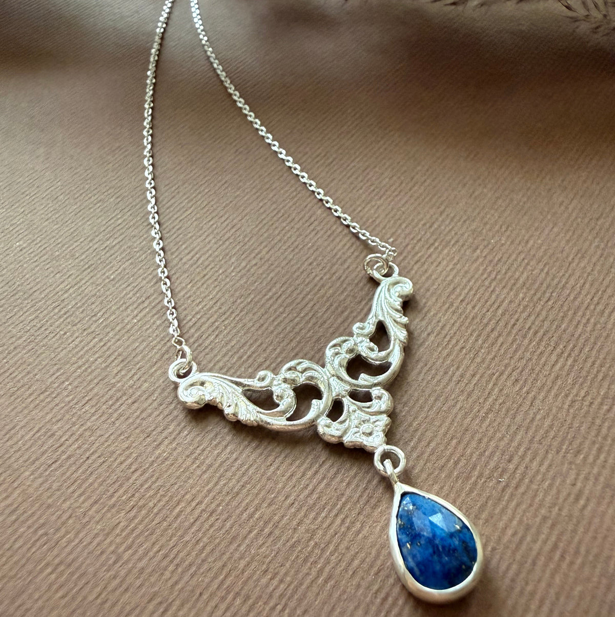 Handmade Silver Necklace With Persian Pattern and Lazuli