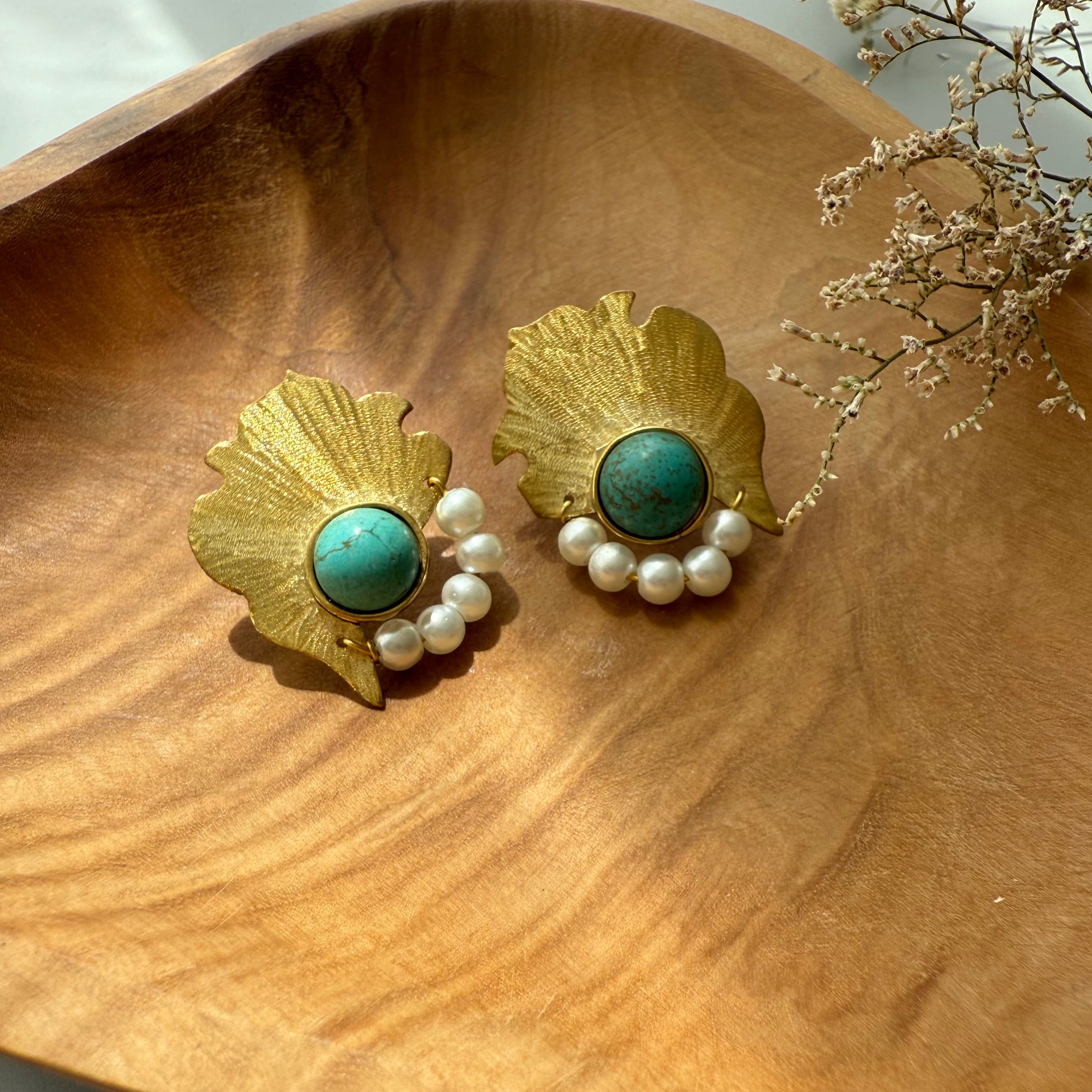 Handmade Brass Earrings with Turquoise and Pearl