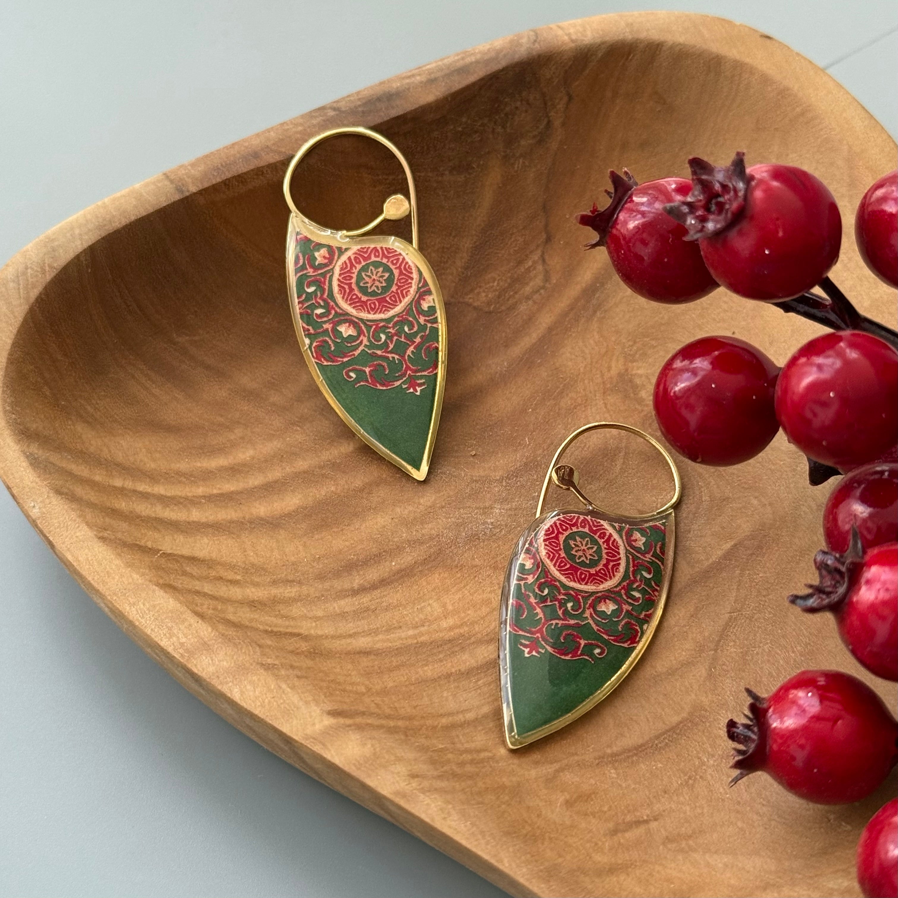Brass Persian Earrings with Red and Green Pattern