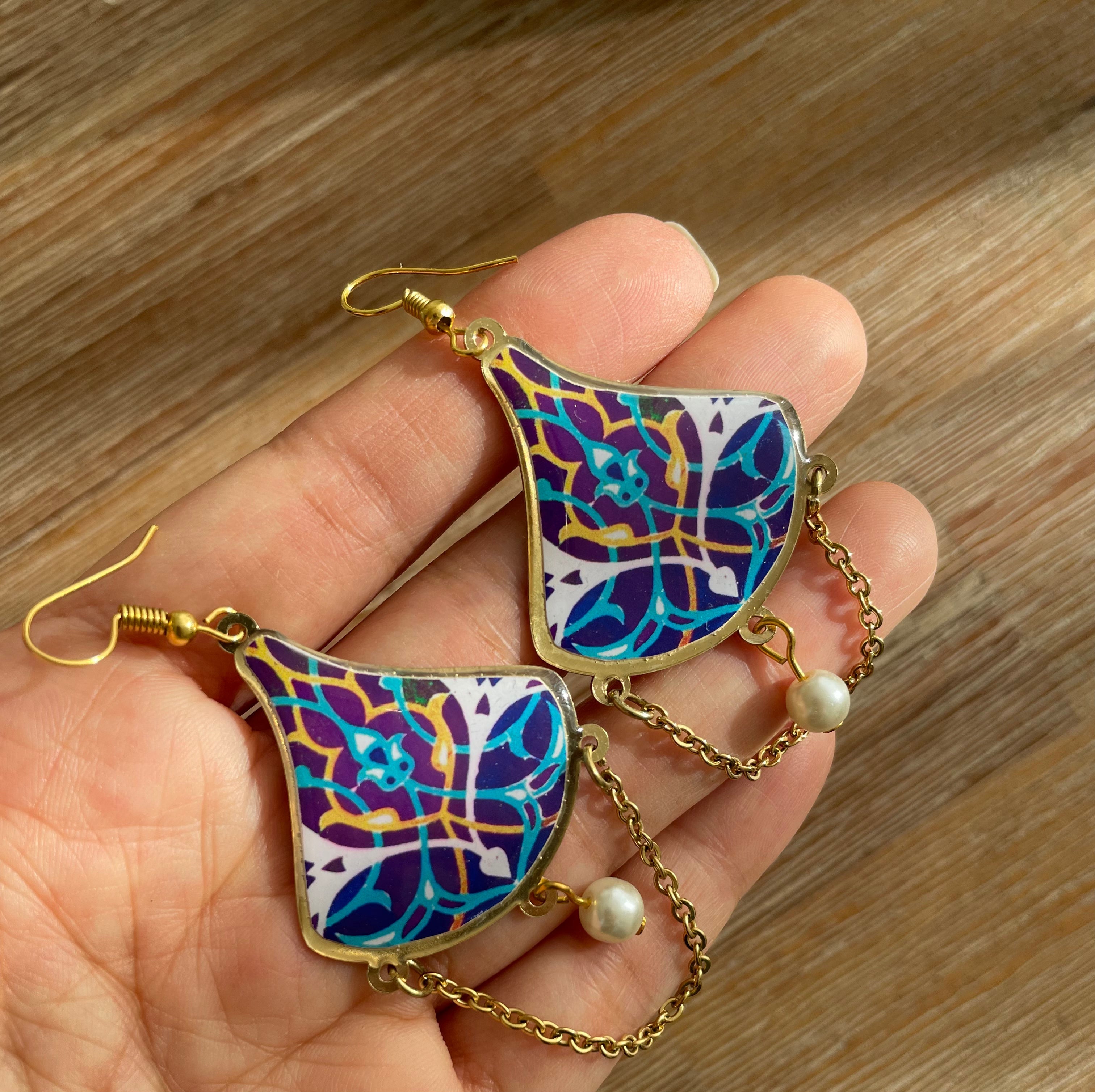 Persian EarringsBrass Earrings with Colorful Persian Symbols:Persian Jewelry-AFRA ART GALLERY