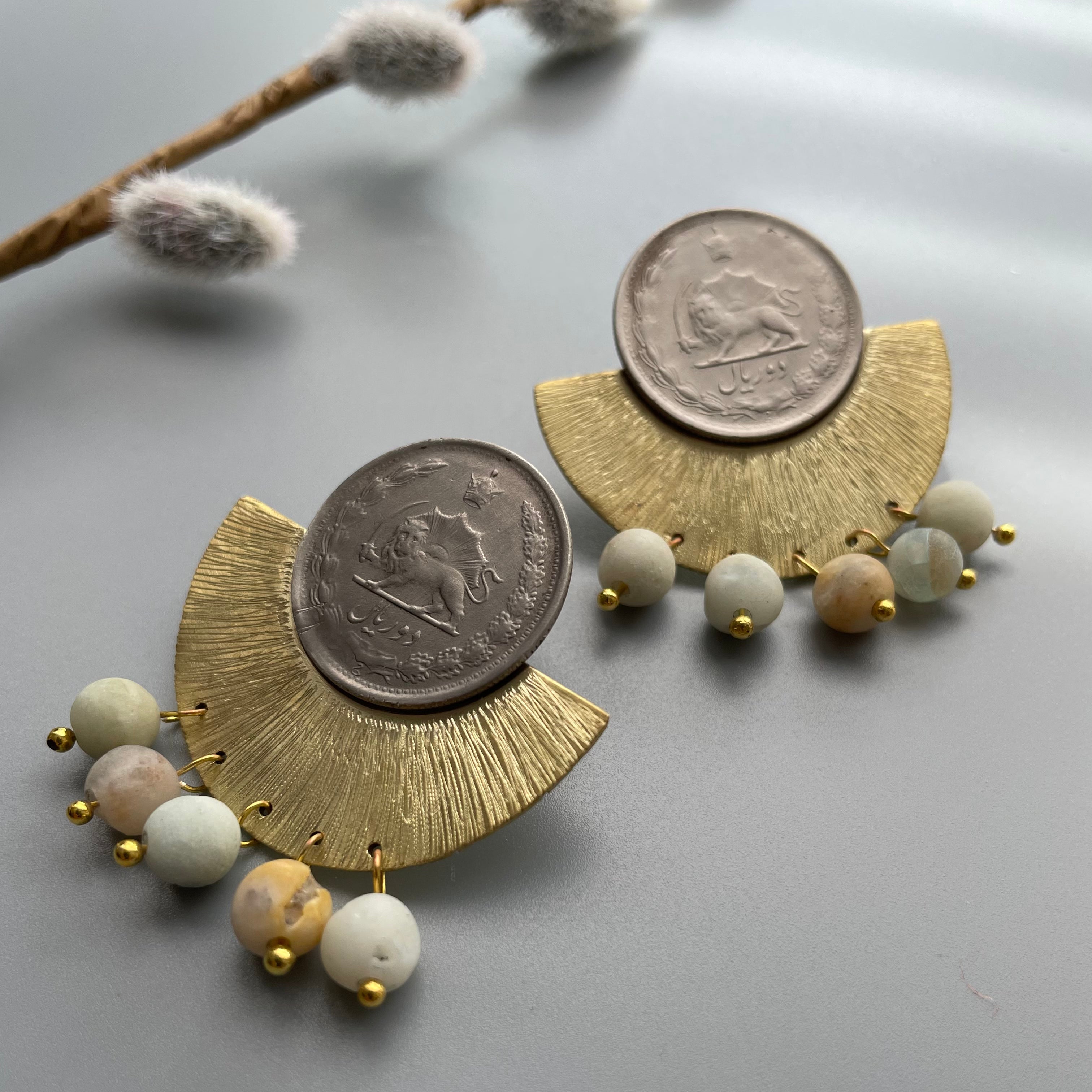 Persian EarringsBrass Earrings with Pahlavi Coin and Beads-jewellery: Persian Jewelry-AFRA ART GALLERY
