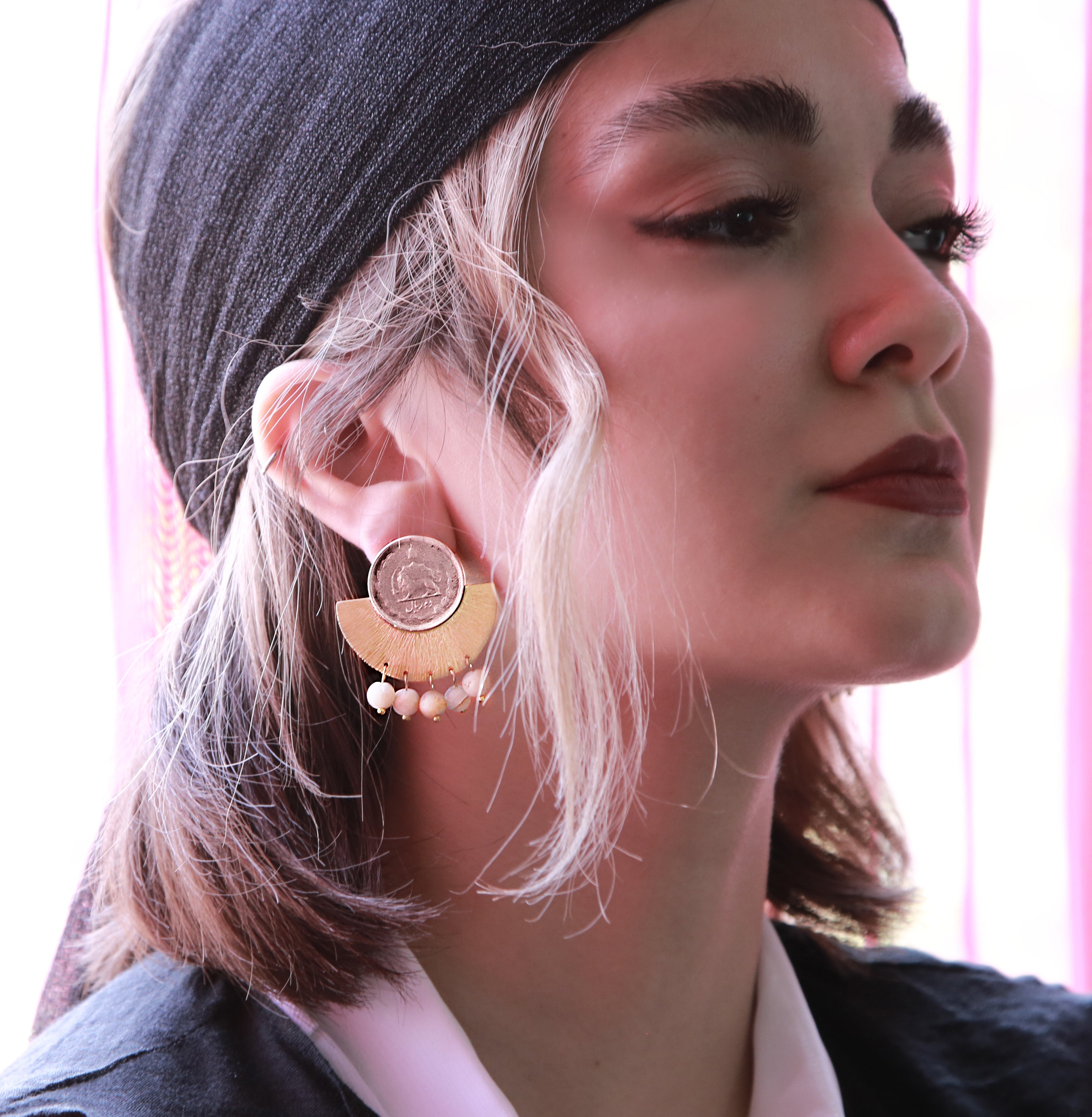 Persian EarringsBrass Earrings with Pahlavi Coin and Beads-jewellery: Persian Jewelry-AFRA ART GALLERY
