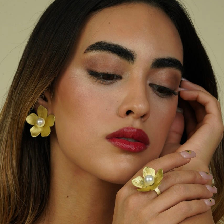 Persian Earrings-Brass Flower Shaped Earrings with Pearl:Persian Jewelry-AFRA ART GALLERY