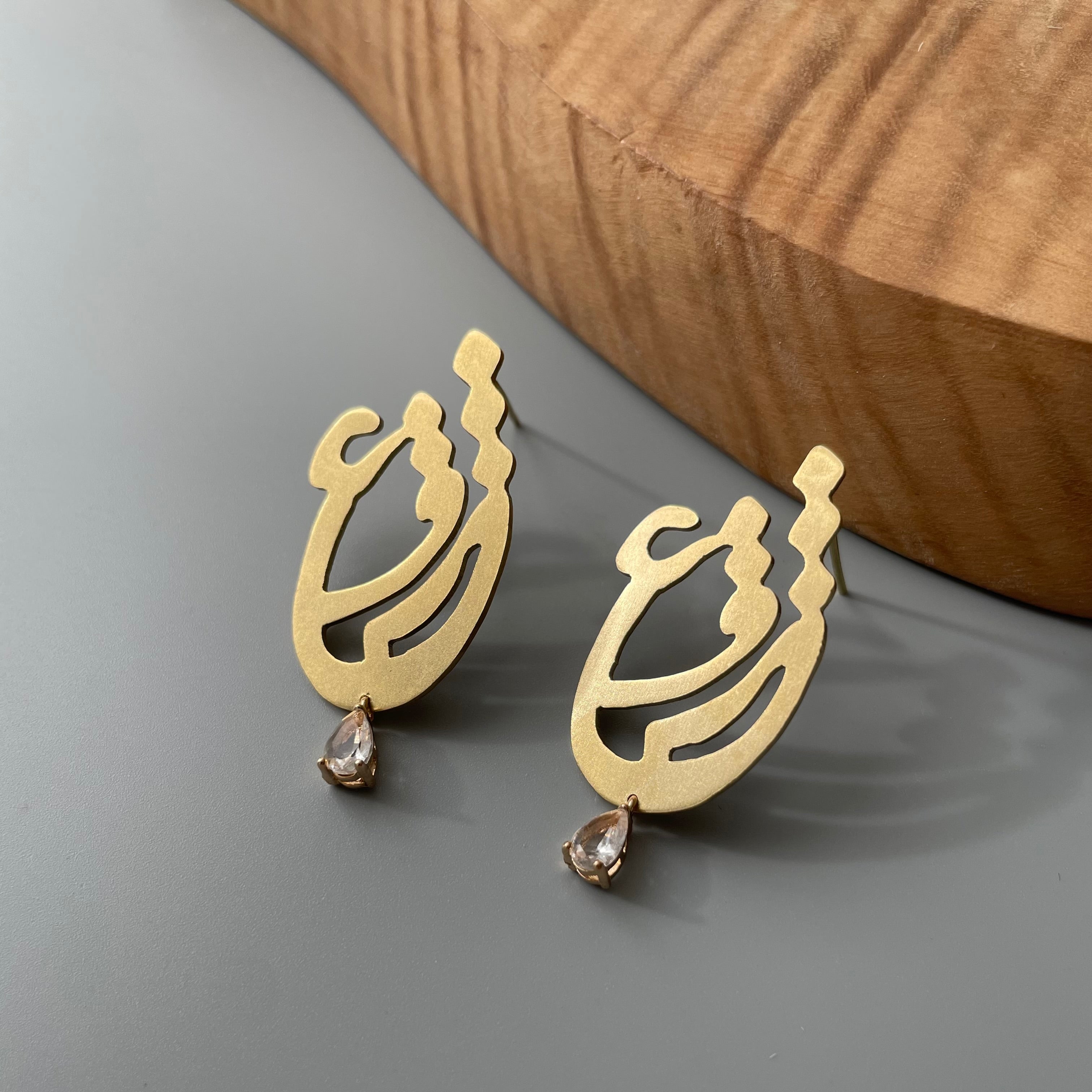 Persian Earrings-Brass LOVE Earrings with Shiny Green Crystal:Persian Jewelry-AFRA ART GALLERY