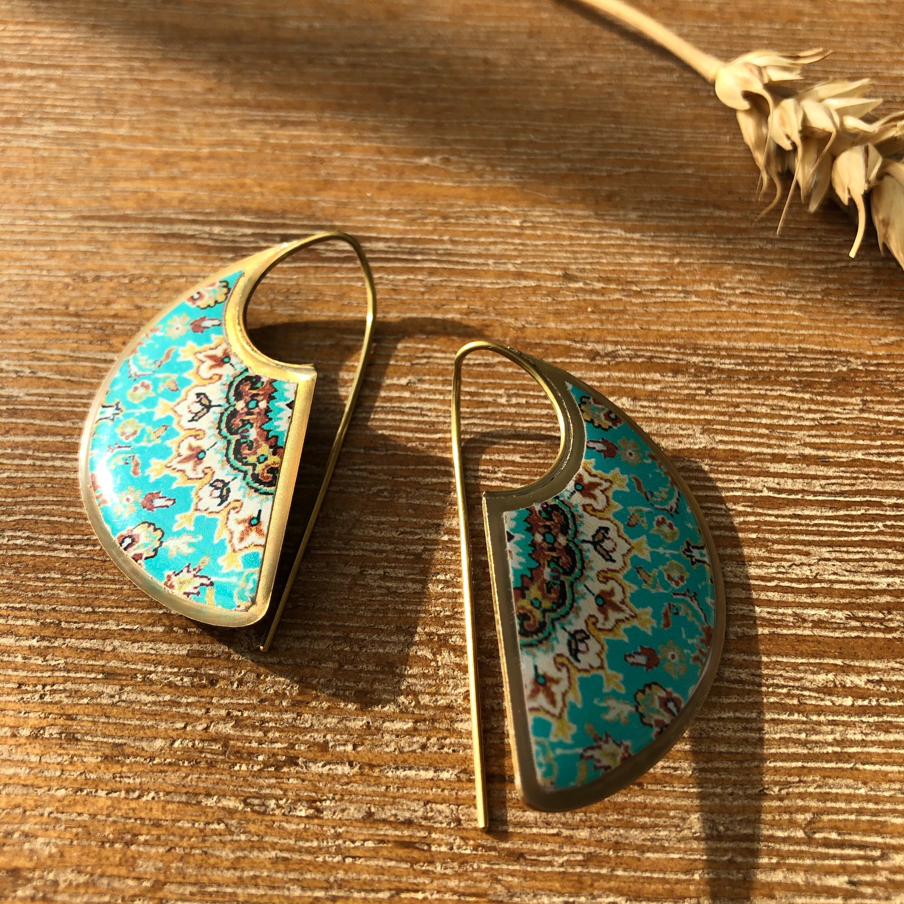 Persian earrings-Brass Persian Earringstt with Kashi Kari Pattern:Persian jewelry-Afra art gallery