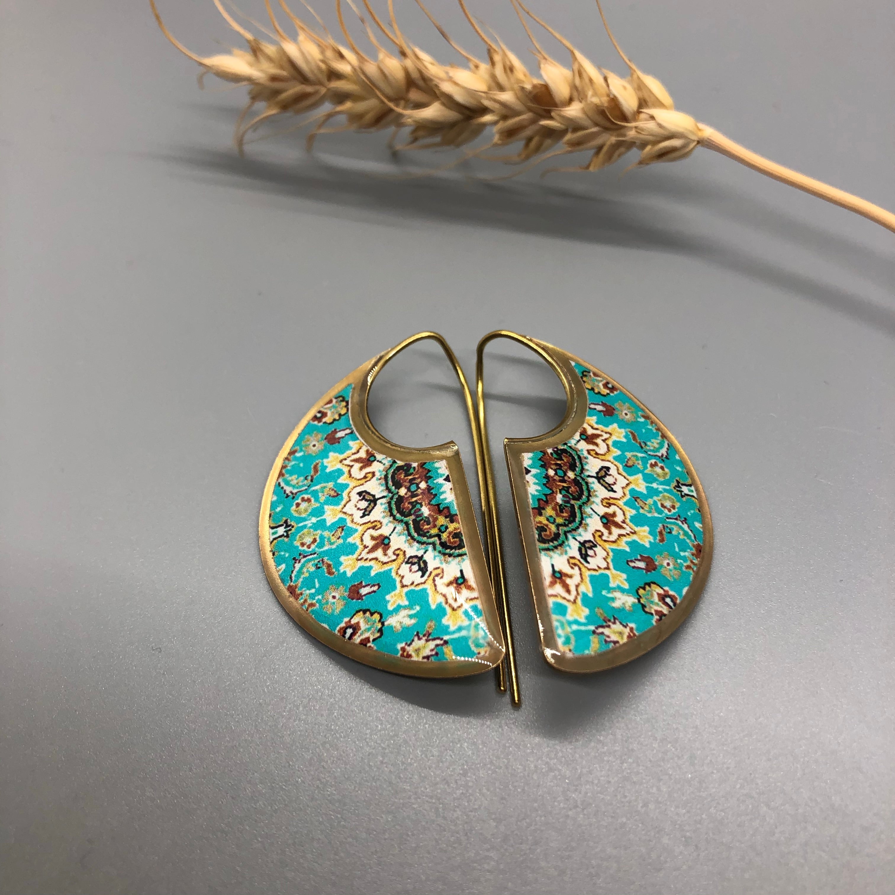 Persian earrings-Brass Persian Earringstt with Kashi Kari Pattern:Persian jewelry-Afra art gallery