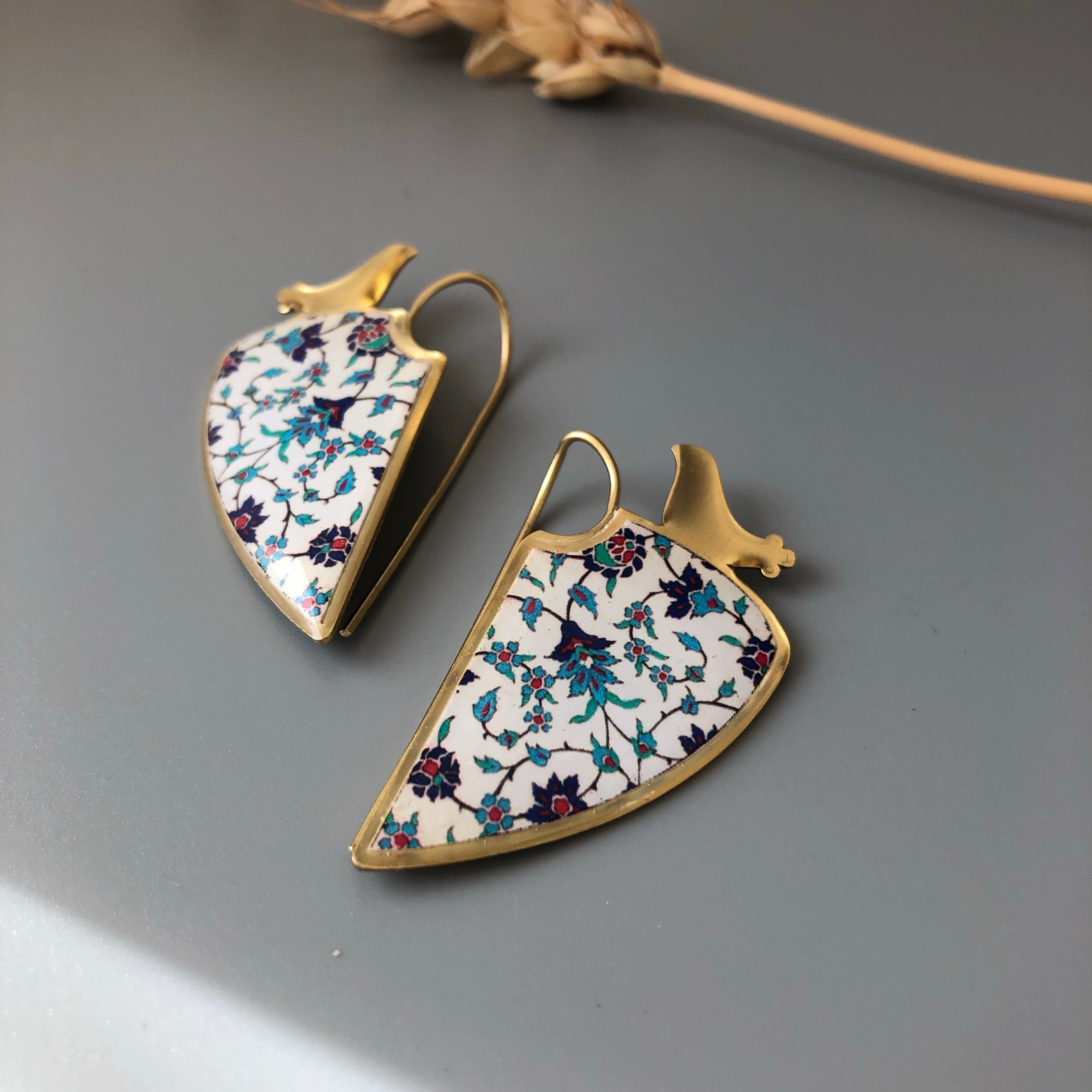 Persian Earrings-Brass Persian Earrings with Kashi Kari Pattern and Bird:Persian Jewelry-Afra Art Gallery
