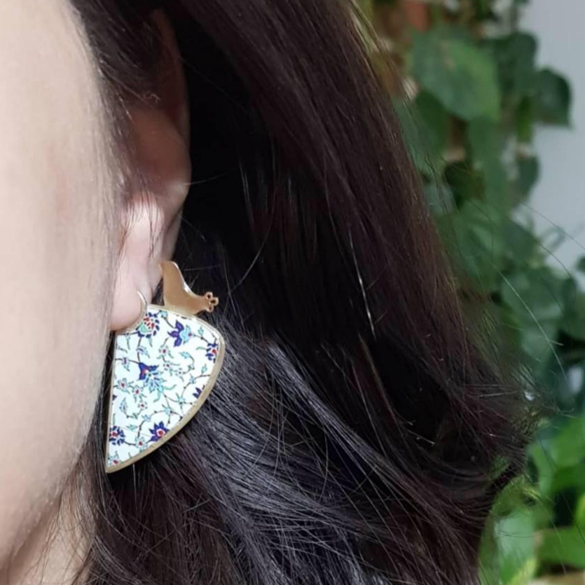 Persian Earrings-Brass Persian Earrings with Kashi Kari Pattern and Bird: Persian Jewelry-AFRA ART GALLERY