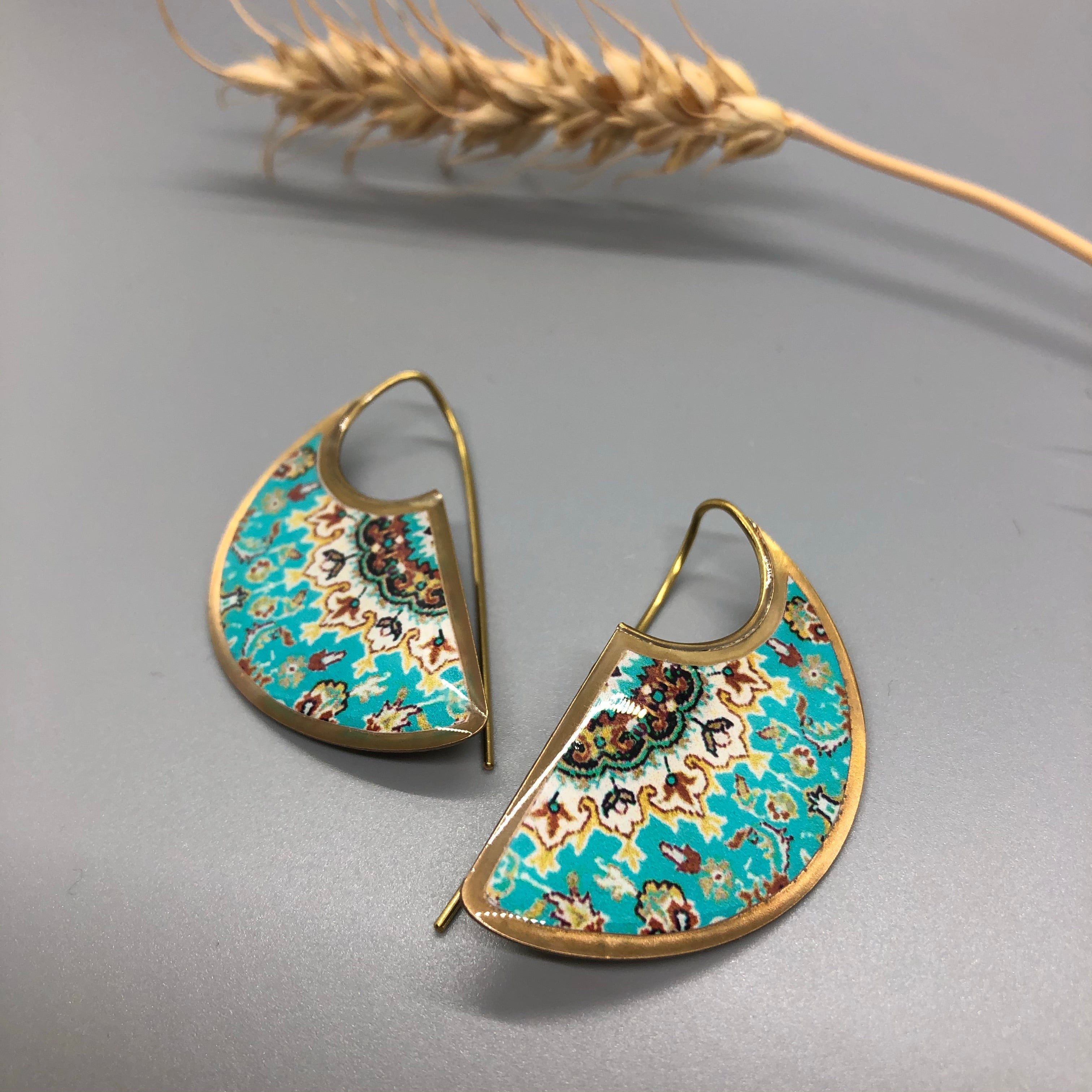 Persian earrings-Brass Persian Earringstt with Kashi Kari Pattern:Persian jewelry-Afra art gallery