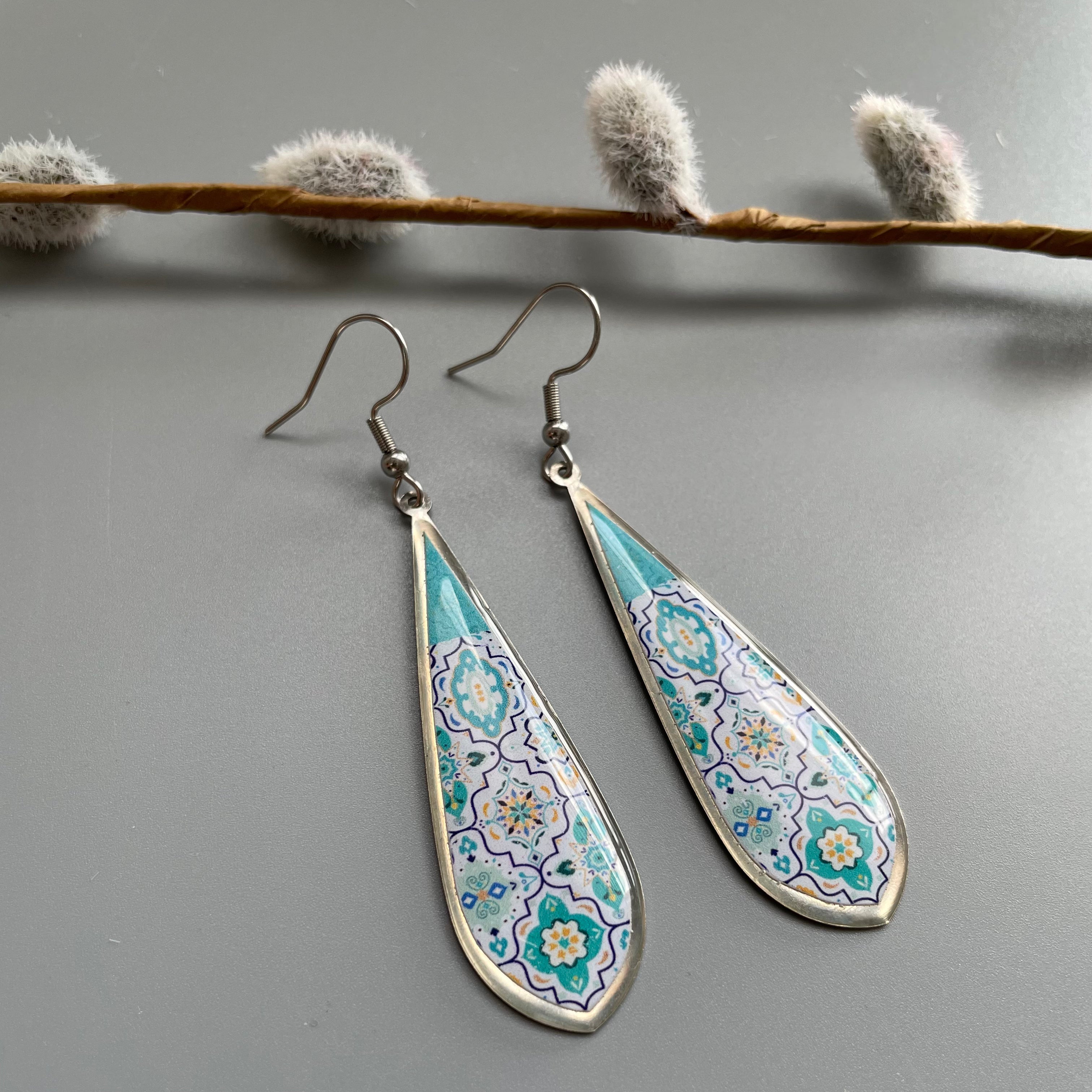 Brass Persian Earrings with Kashi Pattern in Blue - AFRA ART GALLERY