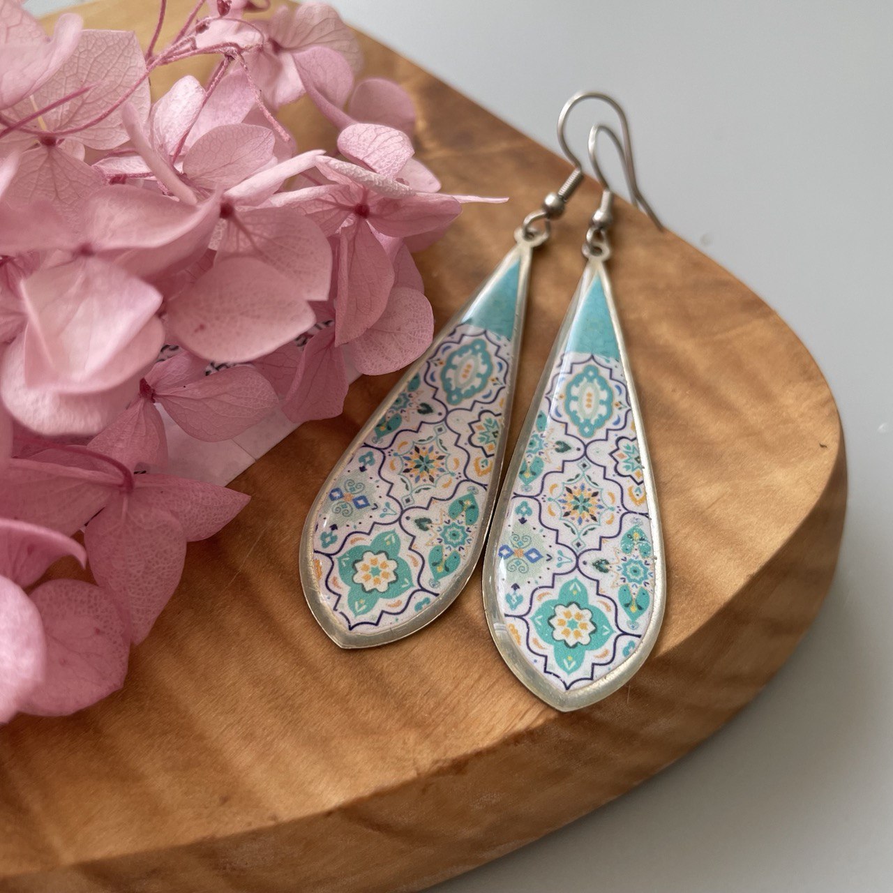 Persian Earrings-Brass Persian Earrings with Kashi Pattern in Blue: Persian Jewelry-AFRA ART GALLERY