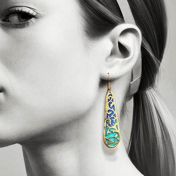 Persian Earrings-Dangle Earrings in Persian Blue with flower and Bird Motifs:Persian Jewelry-Afra Art Gallery