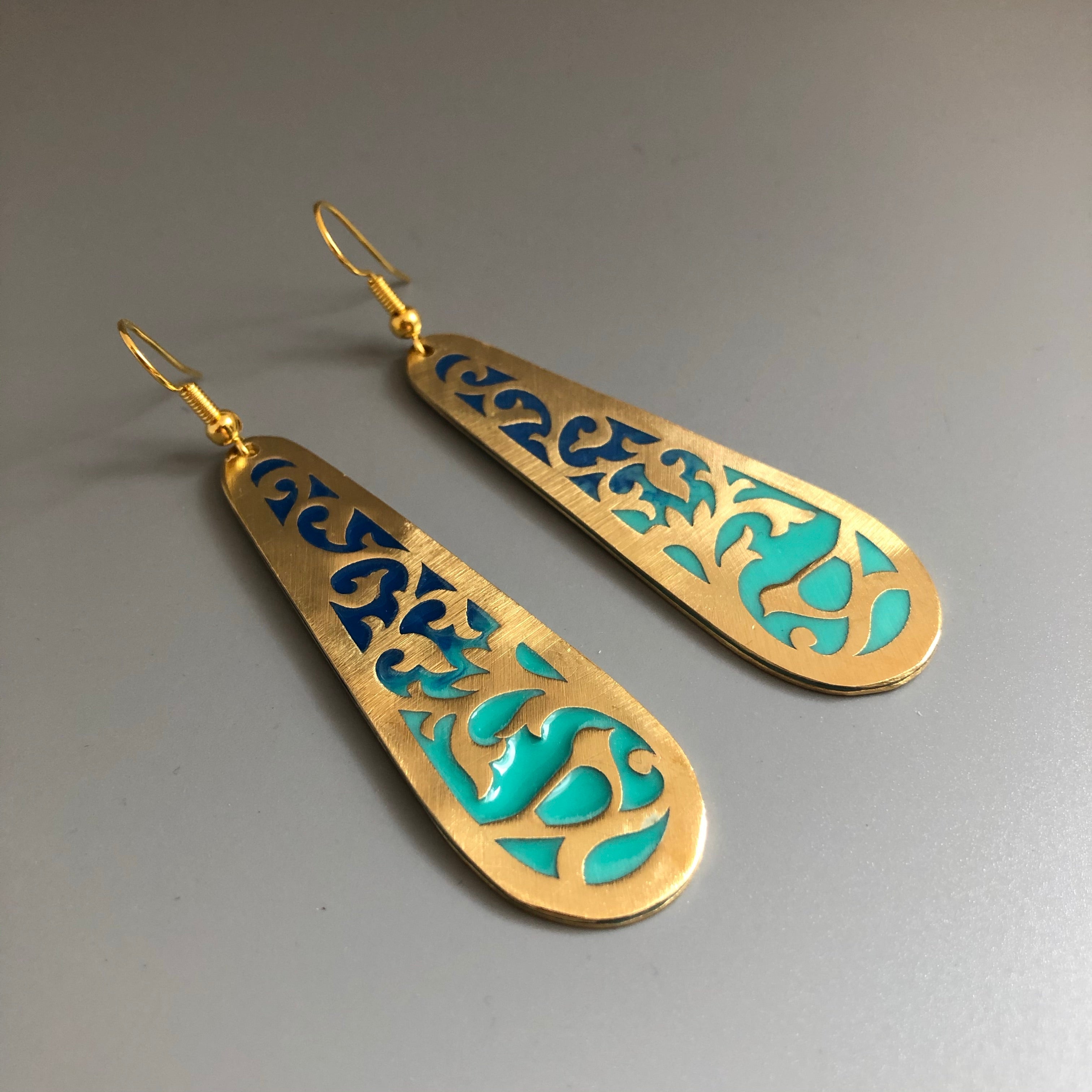 Persian Earrings-Dangle Earrings in Persian Blue with flower and Bird Motifs:Persian Jewelry-Afra Art Gallery