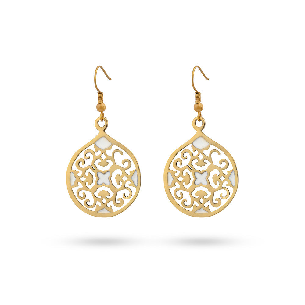 Persian Earrings-Eslimi Design Brass Earrings with White Enamel:Persian Jewelry-AFRA ART GALLERY