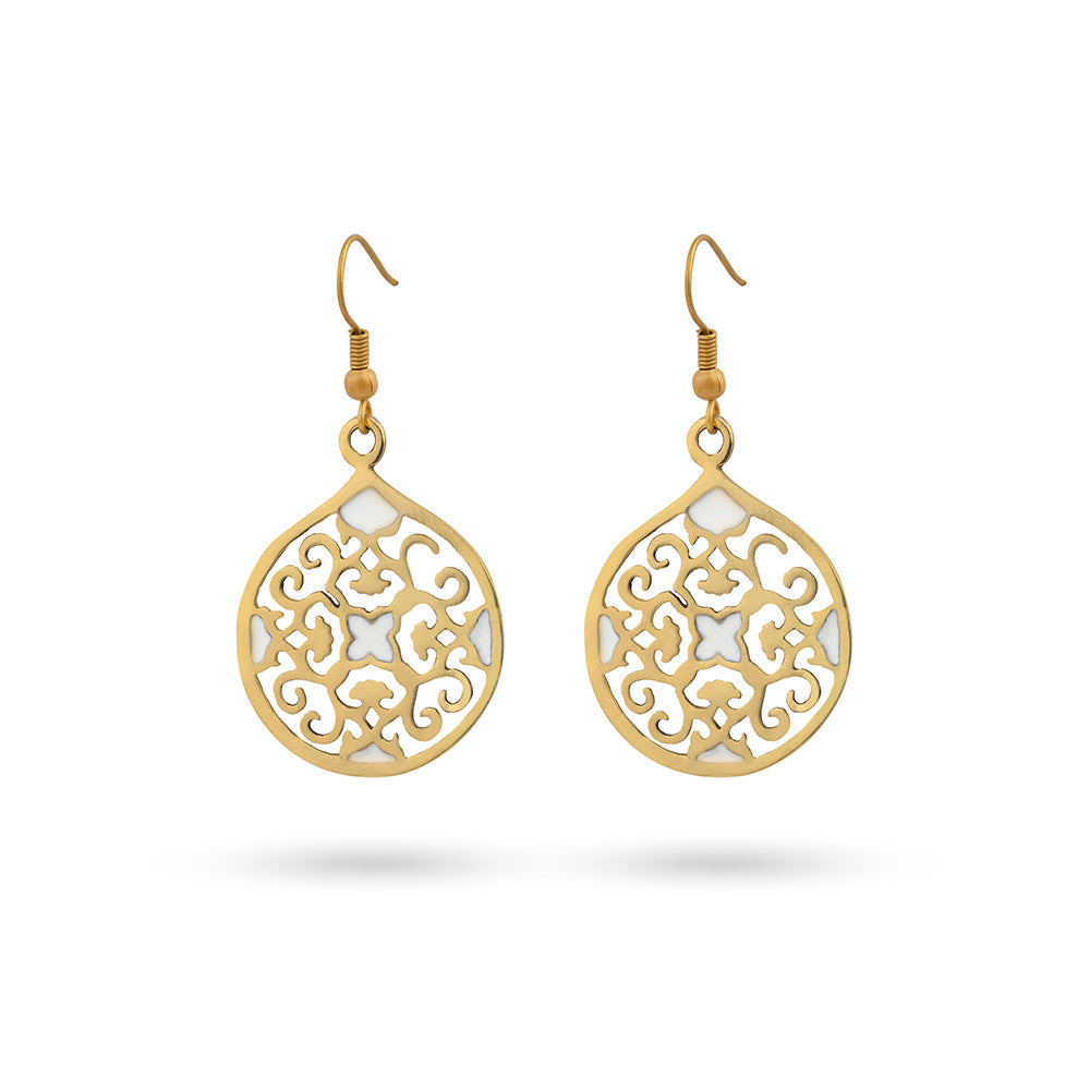 Persian Earrings-Eslimi Design Brass Earrings with White Enamel:Persian Jewelry-AFRA ART GALLERY