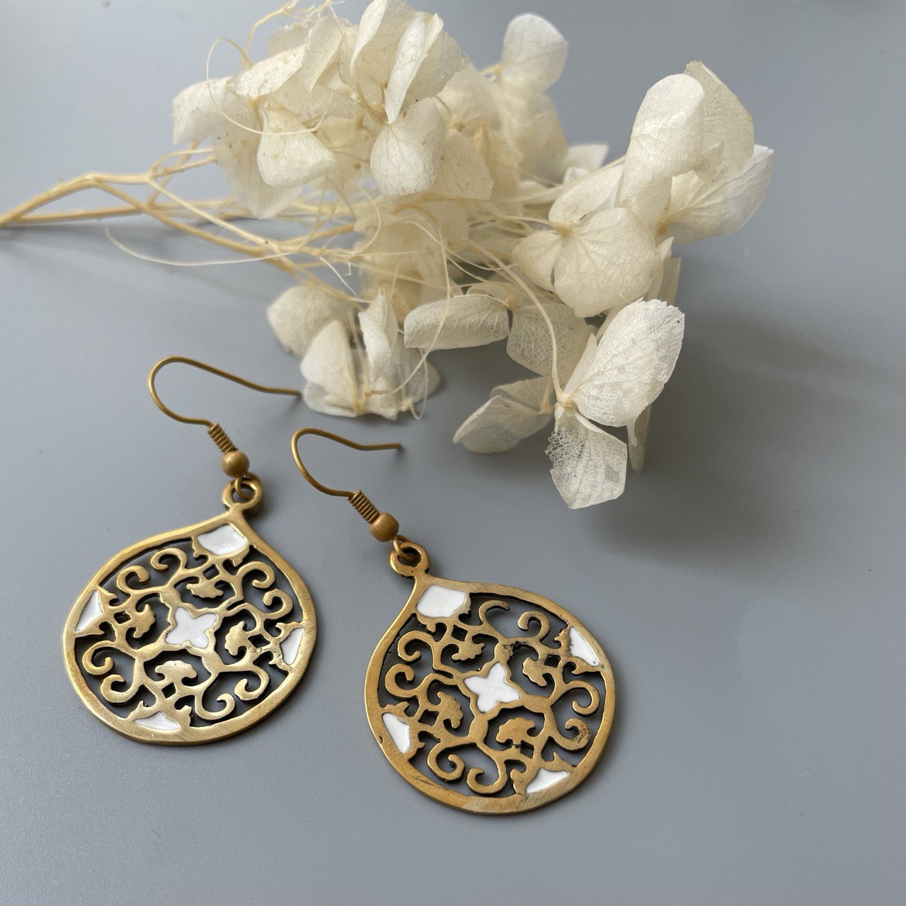 Persian Earrings-Eslimi Design Brass Earrings with White Enamel: Persian Jewelry-AFRA ART GALLERY