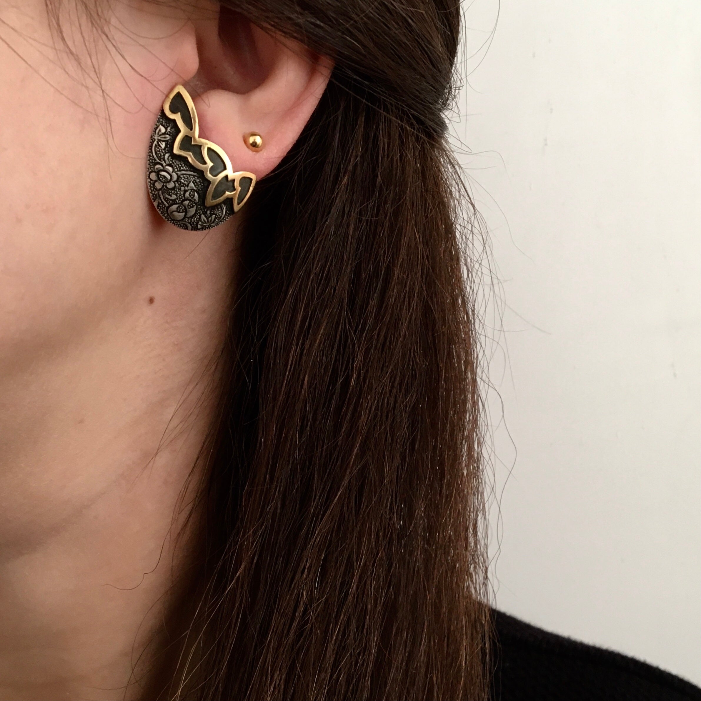 Persian Earrings-Flower and Bird Engraved Small Ear Cuff: Persian Jewelry-AFRA ART GALLERY