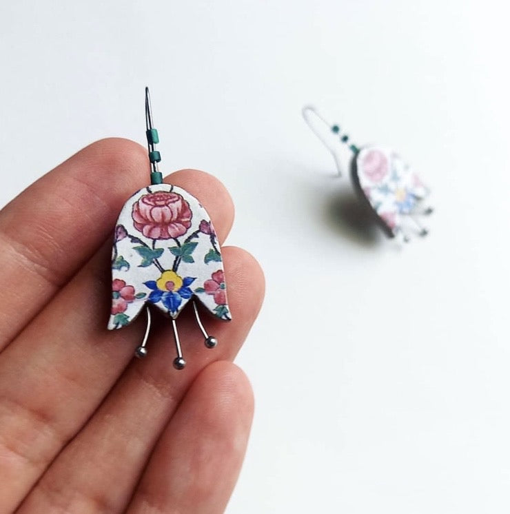 Persian Earrings-Flower shaped Earrings with Colorful Design:Persian Jewelry-AFRA ART GALLERY