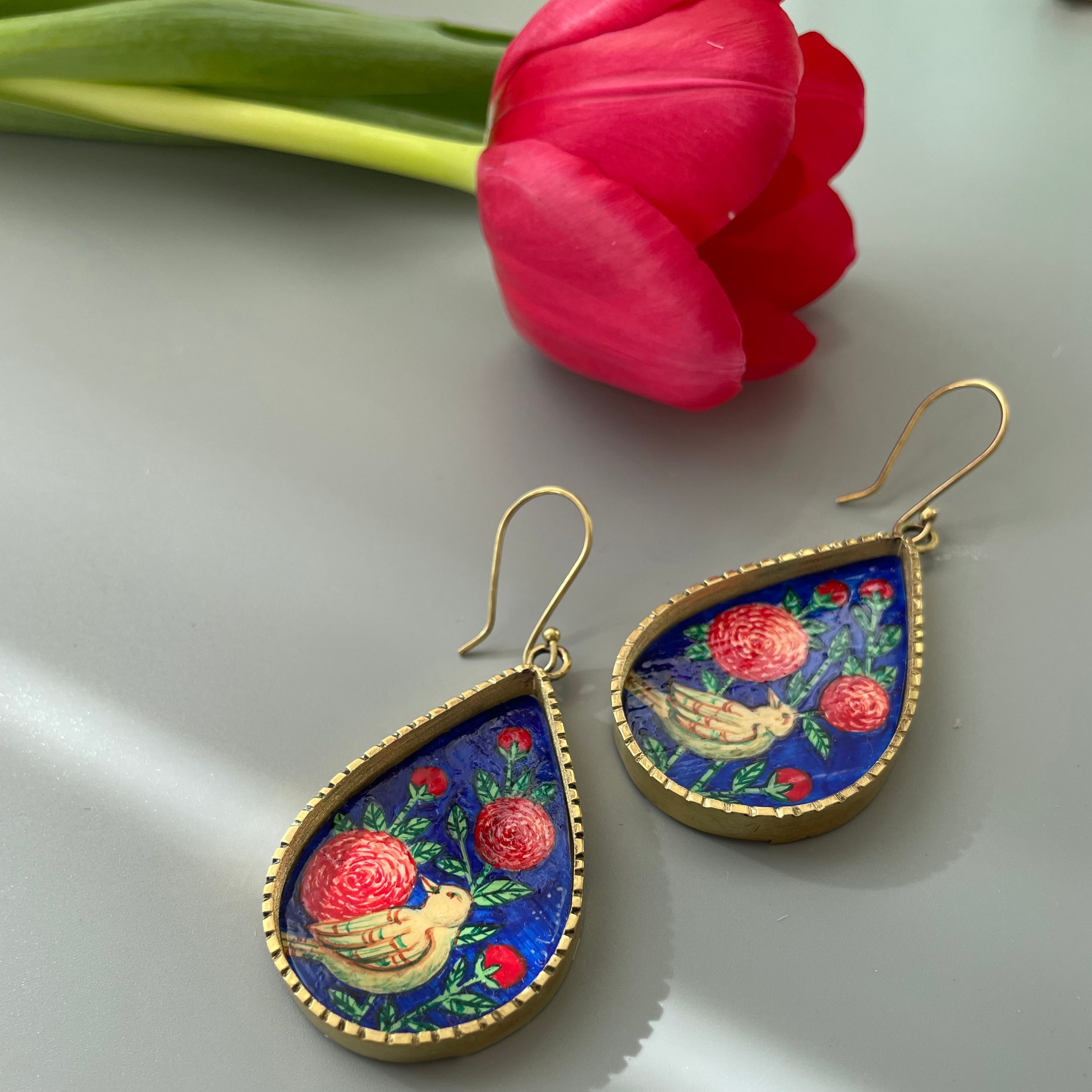Persian Earrings-Fully Hand Painted Persian Earrings in Blue with Gol-o-Morgh Design:Persian Jewelry-AFRA ART GALLERY