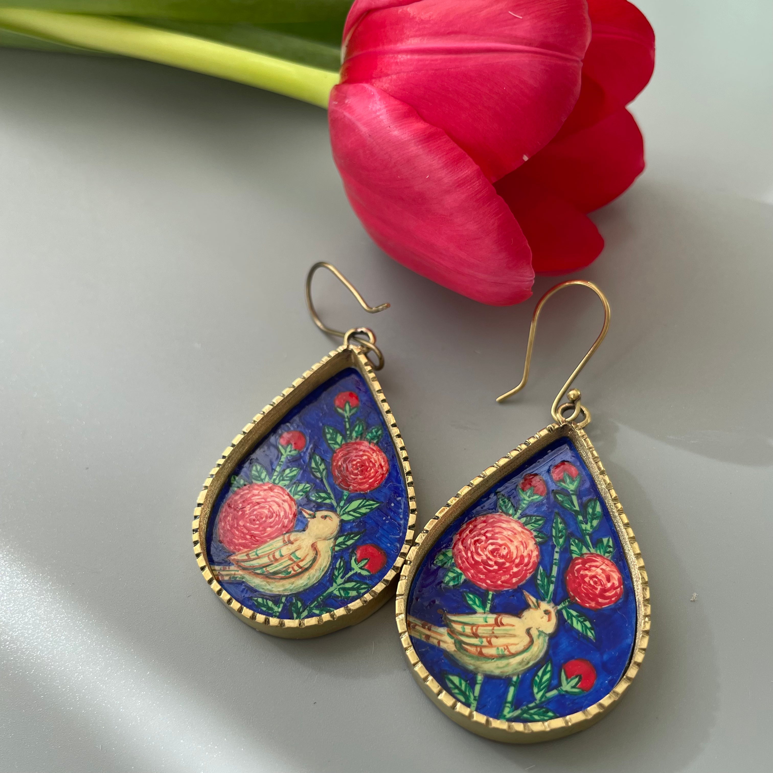 Persian Earrings-Fully Hand Painted Persian Earrings in Blue with Gol-o-Morgh Design:Persian Jewelry-AFRA ART GALLERY