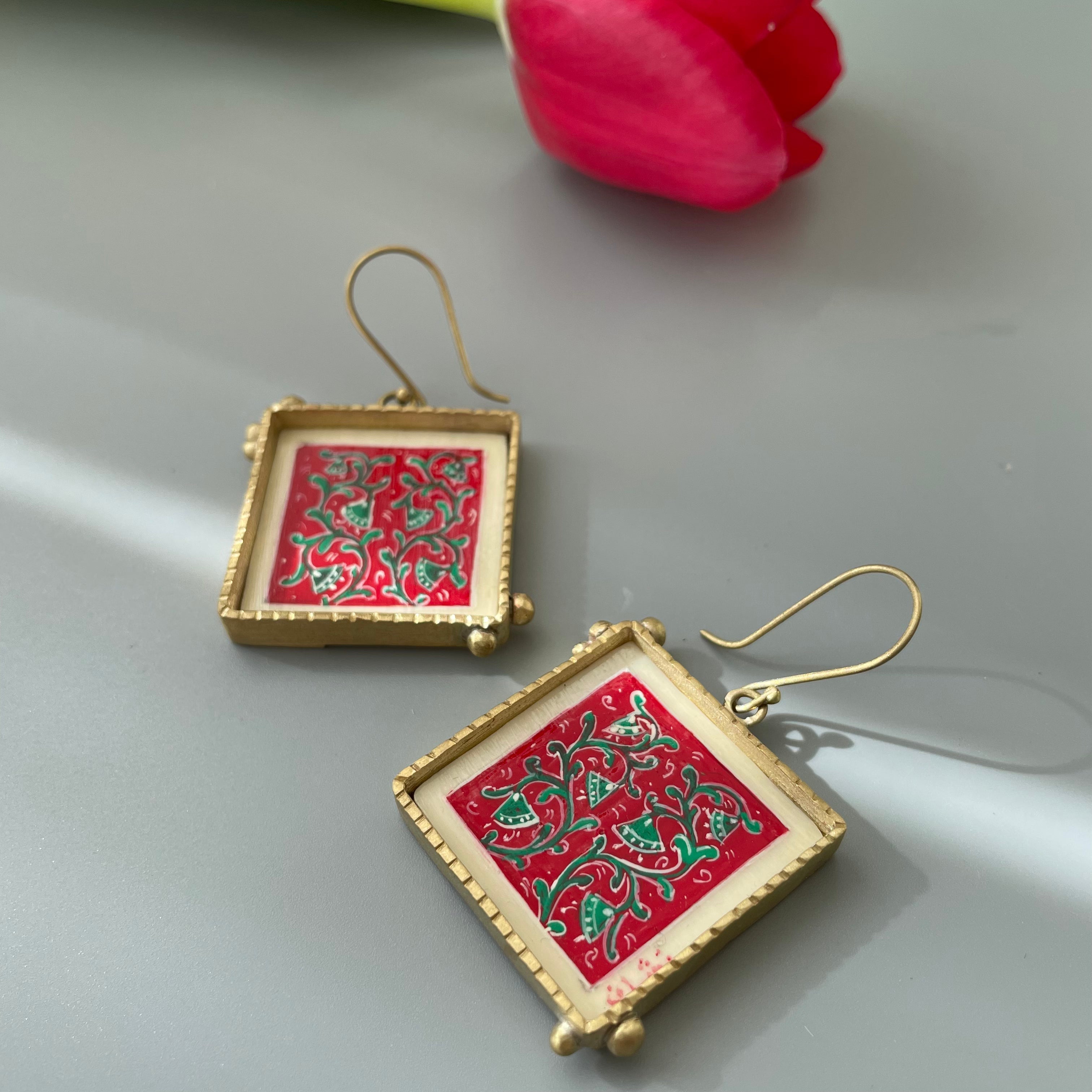Persian Earrings-Fully Hand Painted Persian Earrings in Red Floral Design:Persian Jewelry-AFRA ART GALLERY