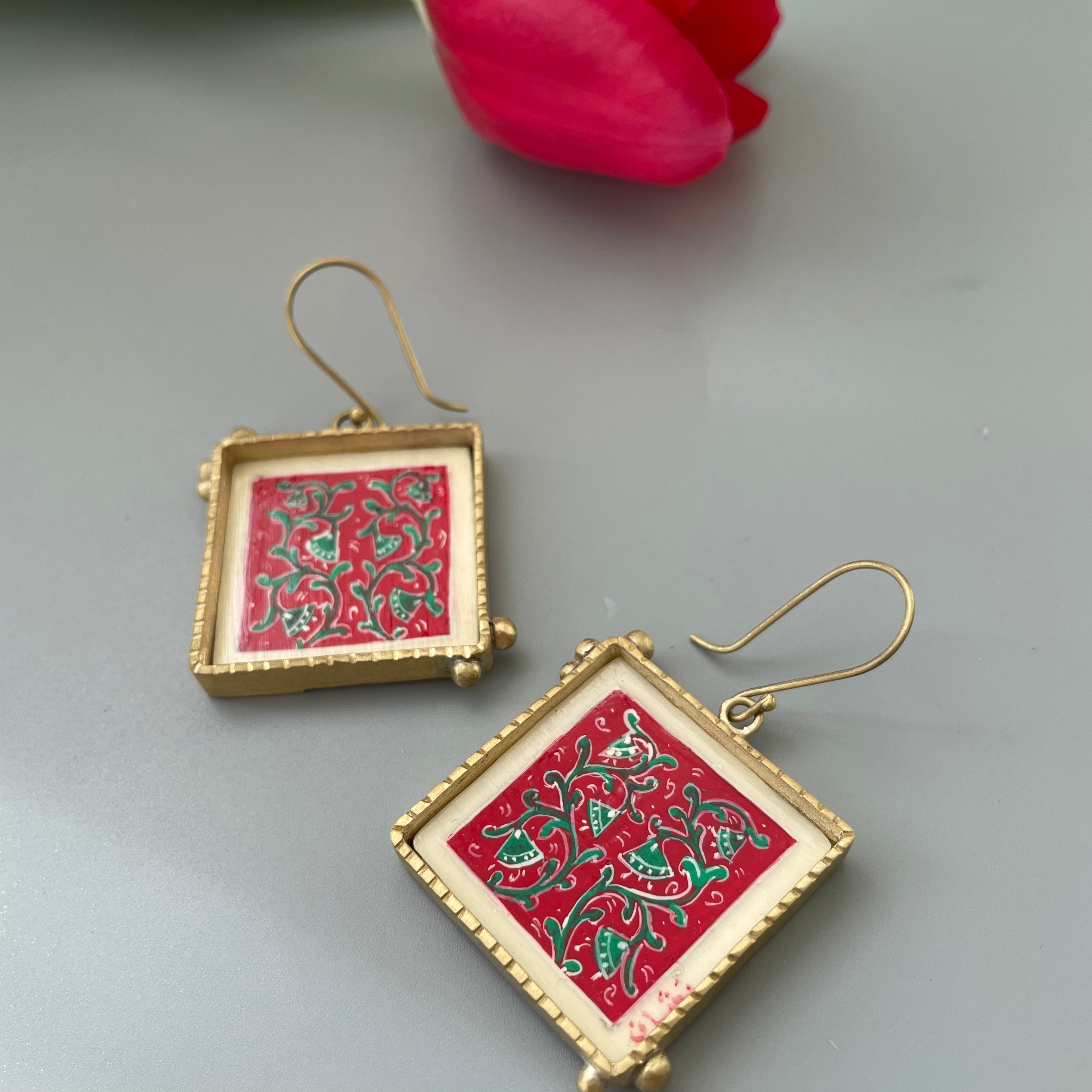 Persian Earrings-Fully Hand Painted Persian Earrings in Red Floral Design:Persian Jewelry-AFRA ART GALLERY