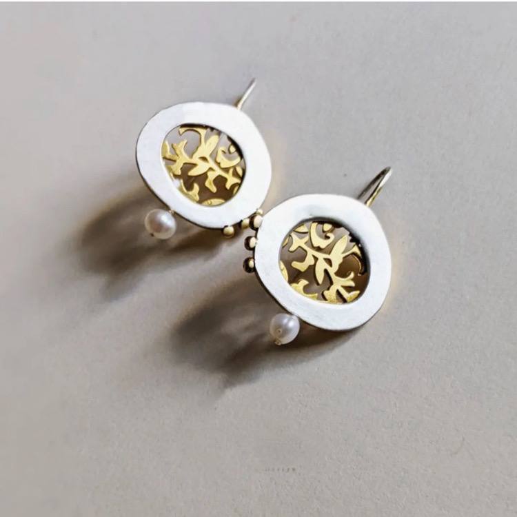 Persian Earrings-Gold Plated Silver Earrings with flower pattern:Persian Jewelry-AFRA ART GALLERY