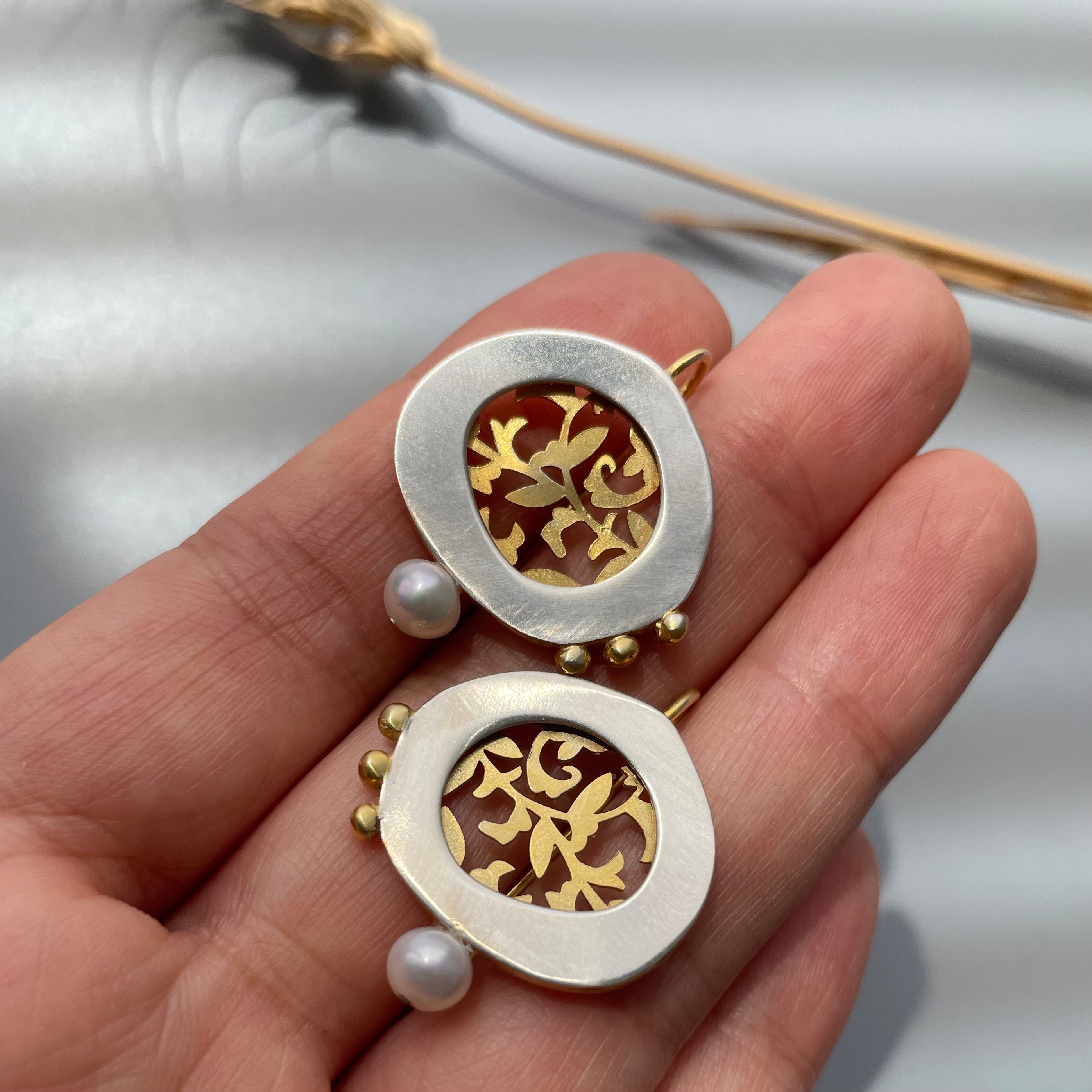 Persian EarringsGold Plated Silver Earrings with flower pattern-jewellery: Persian Jewelry-AFRA ART GALLERY
