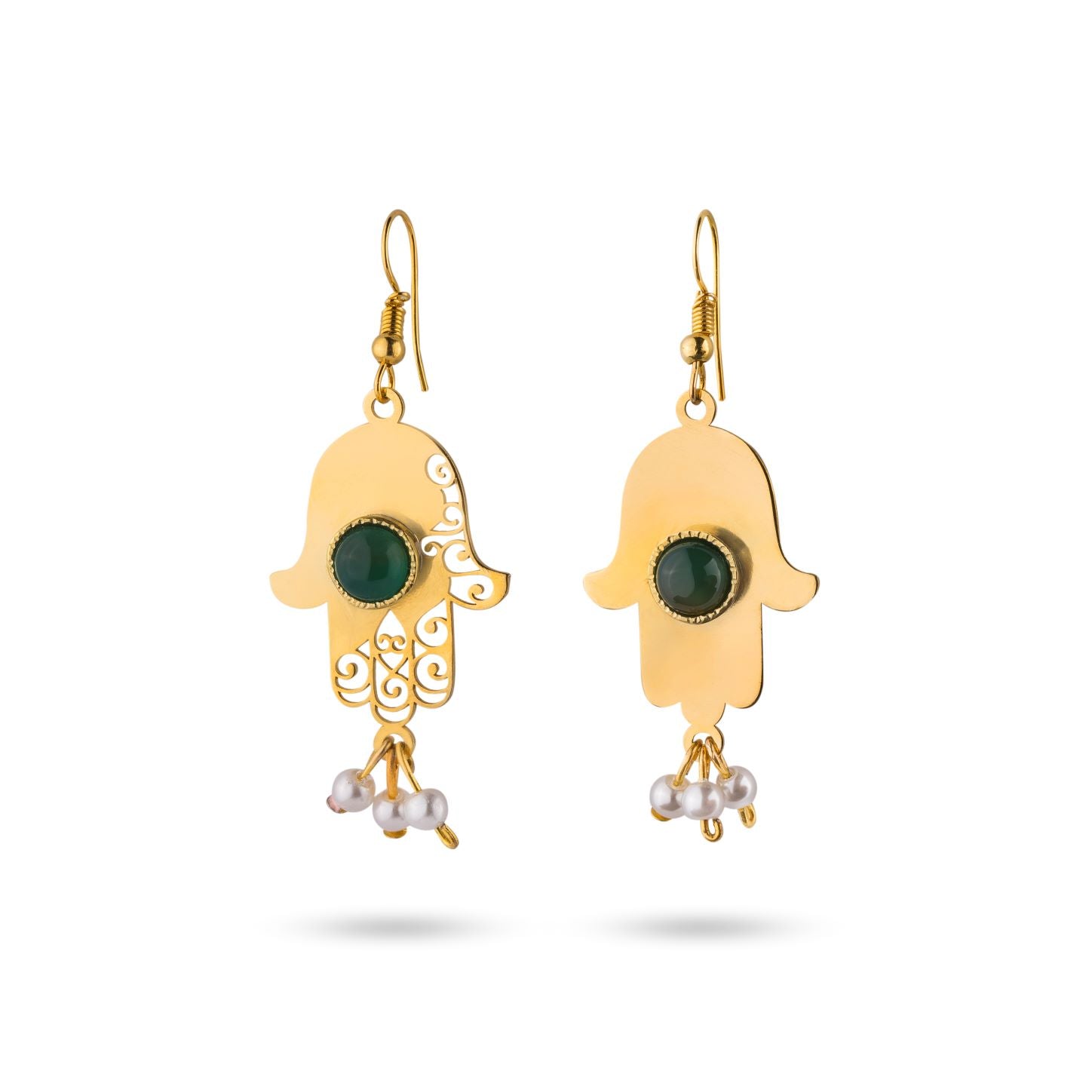 Persian Earrings-Hamsa Hand Earrings with Green Agate:Persian Jewelry-AFRA ART GALLERY