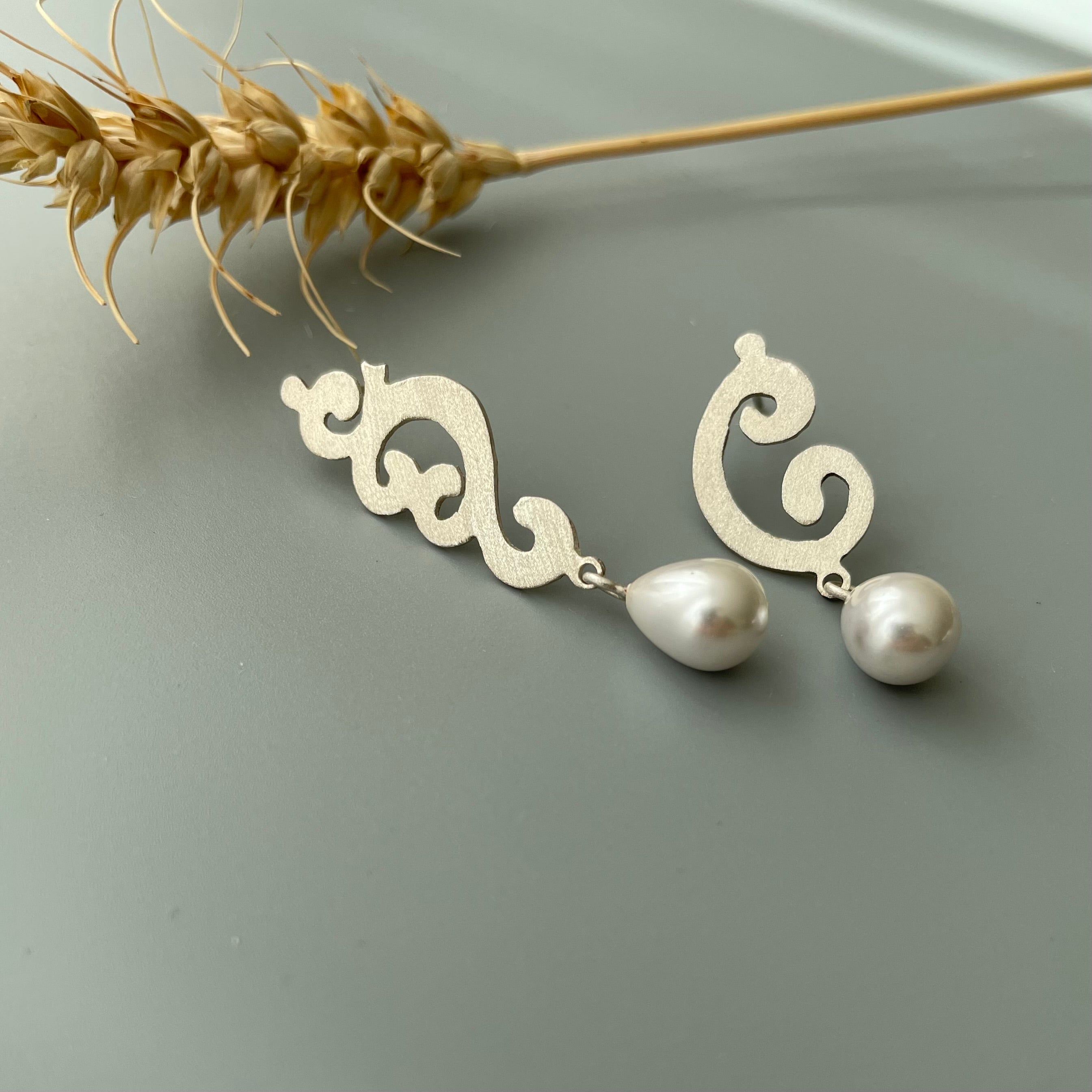 Persian Earrings-Handmade Asymmetric Dangle Earrings with Pearl:Persian Jewelry-AFRA ART GALLERY