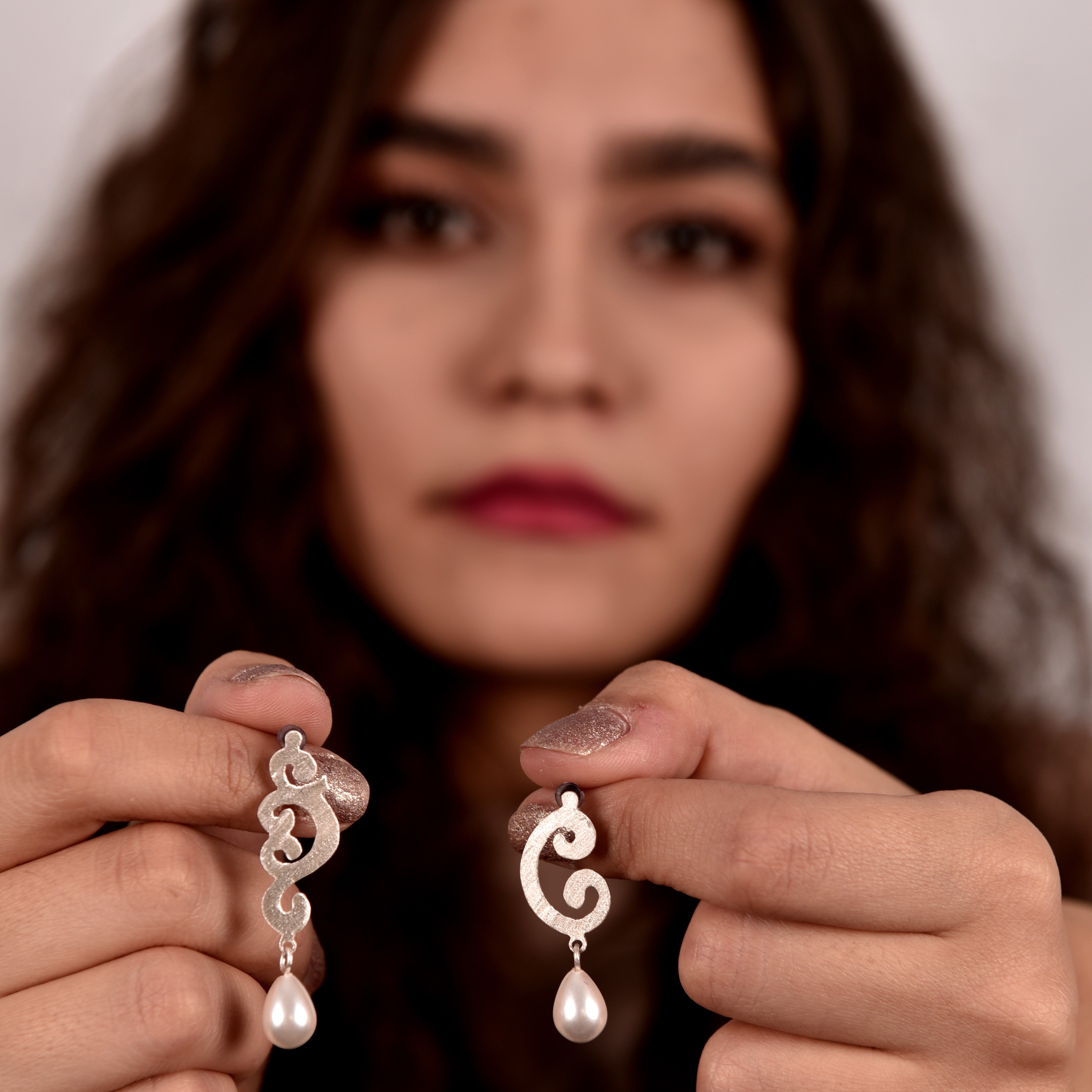 Persian Earrings-Handmade Asymmetric Dangle Earrings with Pearl:Persian Jewelry-AFRA ART GALLERY