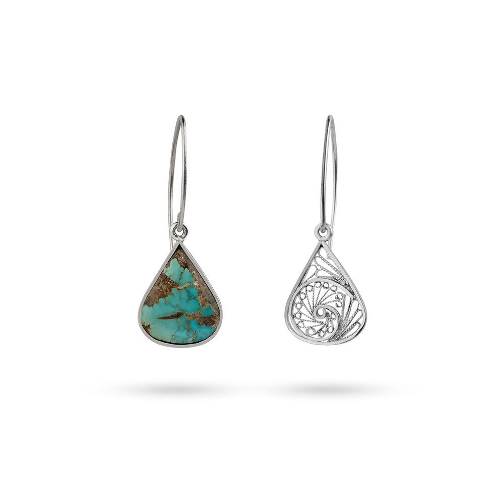 Persian Turquoise Jewelry-Handmade Asymmetric Filigree Silver Earrings with Turquoise: Persian Jewelry-AFRA ART GALLERY
