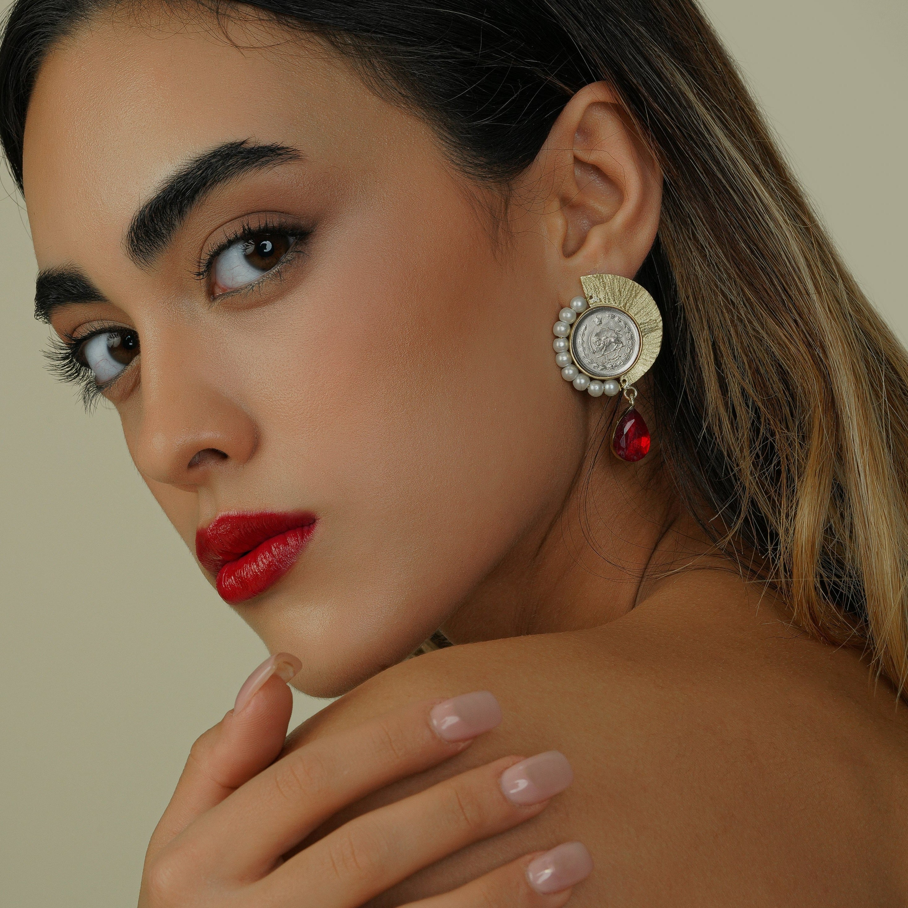 Persian Earrings-Handmade Brass Coin Earrings With Shining Beads:Persian Jewelry-AFRA ART GALLERY