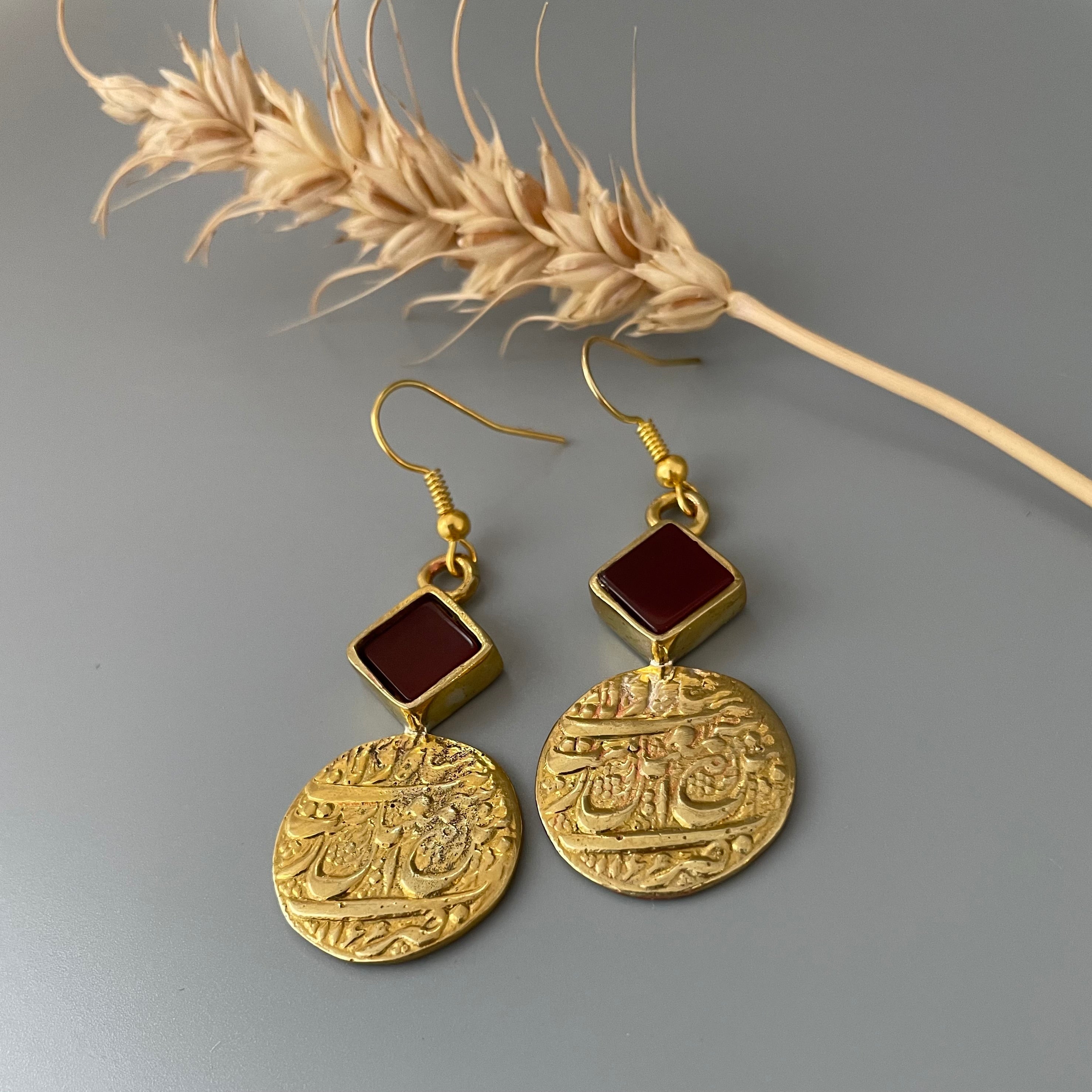 Persian Earrings-Handmade Brass Dangle Earrings with Agate:Persian Jewelry-AFRA ART GALLERY