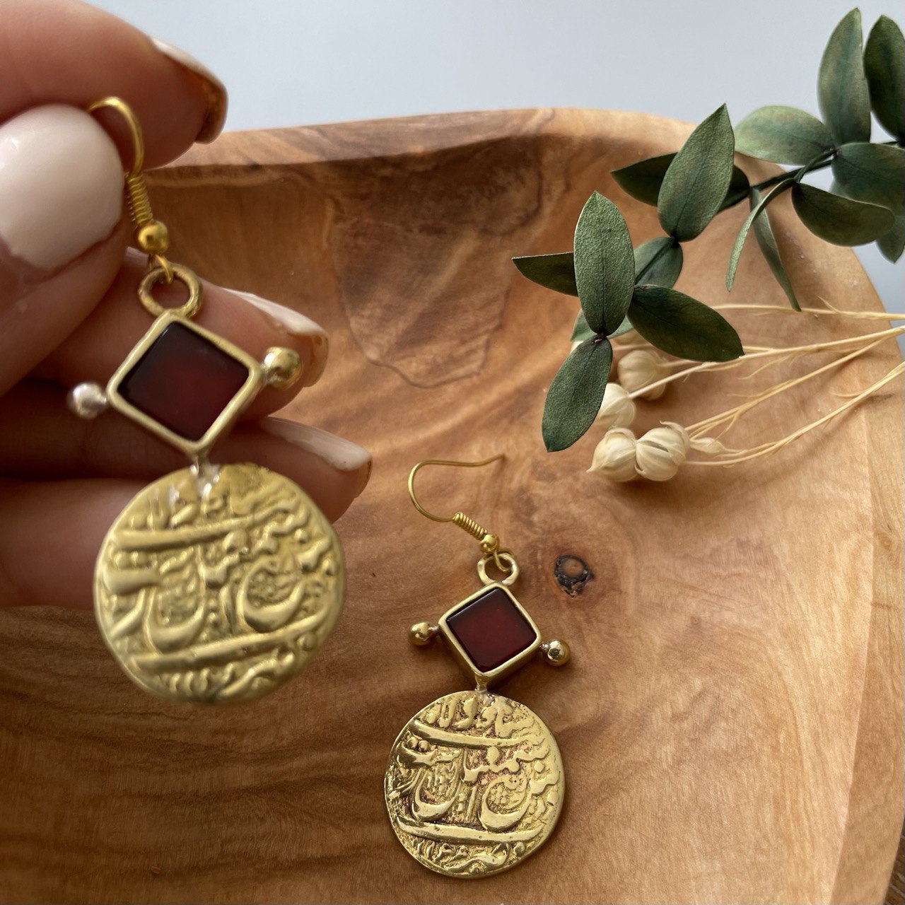 Persian Earrings-Handmade Brass Dangle Earrings with Agate: Persian Jewelry-AFRA ART GALLERY