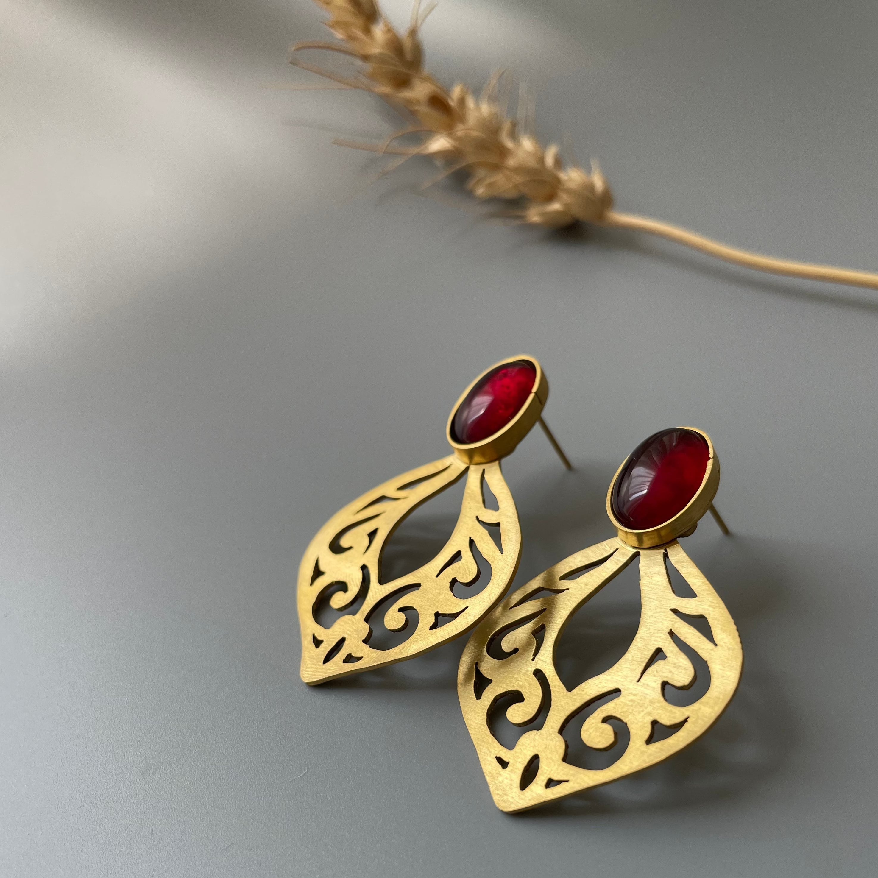 Handmade Brass Earrings with Eslimi Pattern and Agate