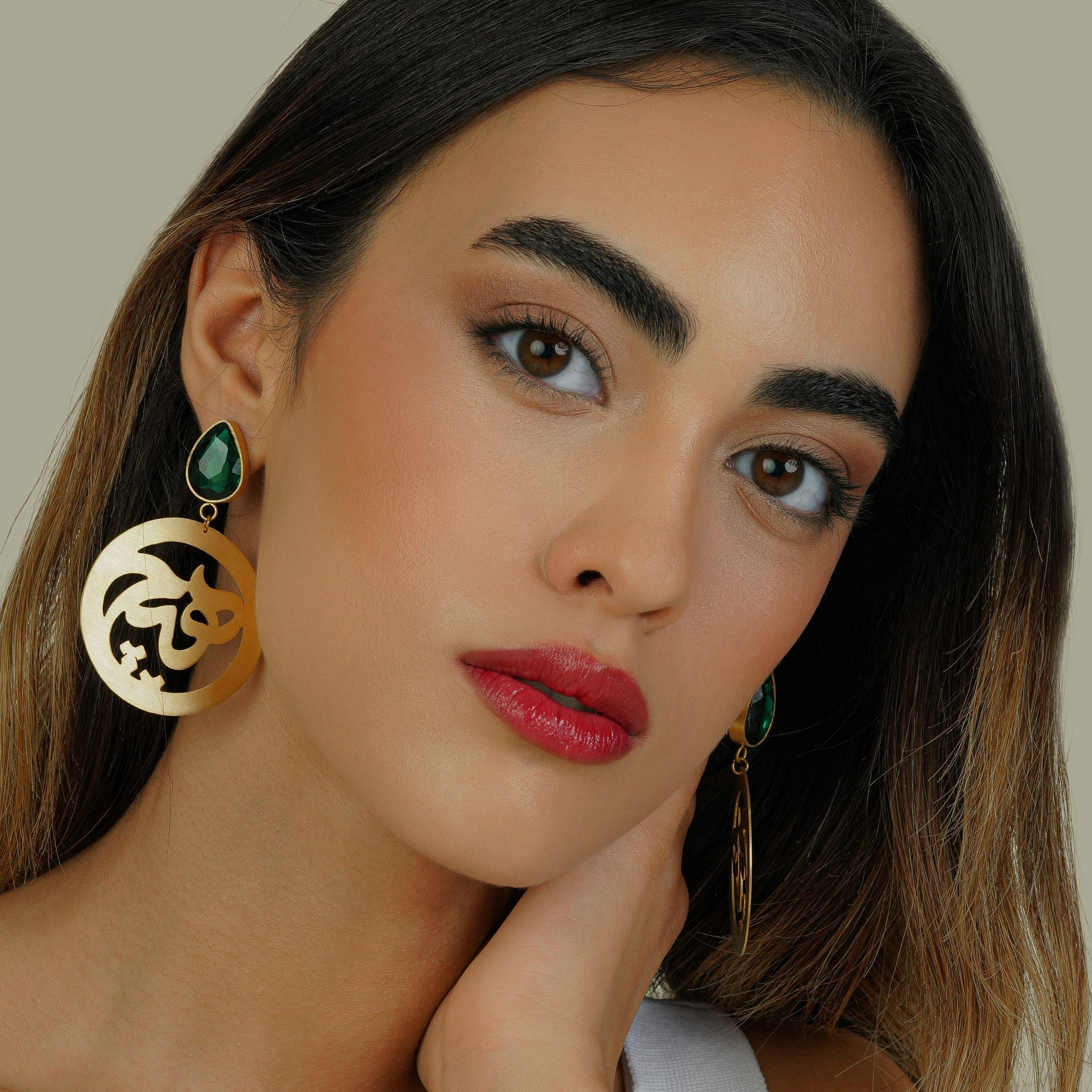 Persian Calligraphy Jewelry-Handmade Brass Heech Earrings with Shiny Green Crystal: Persian Jewelry-AFRA ART GALLERY