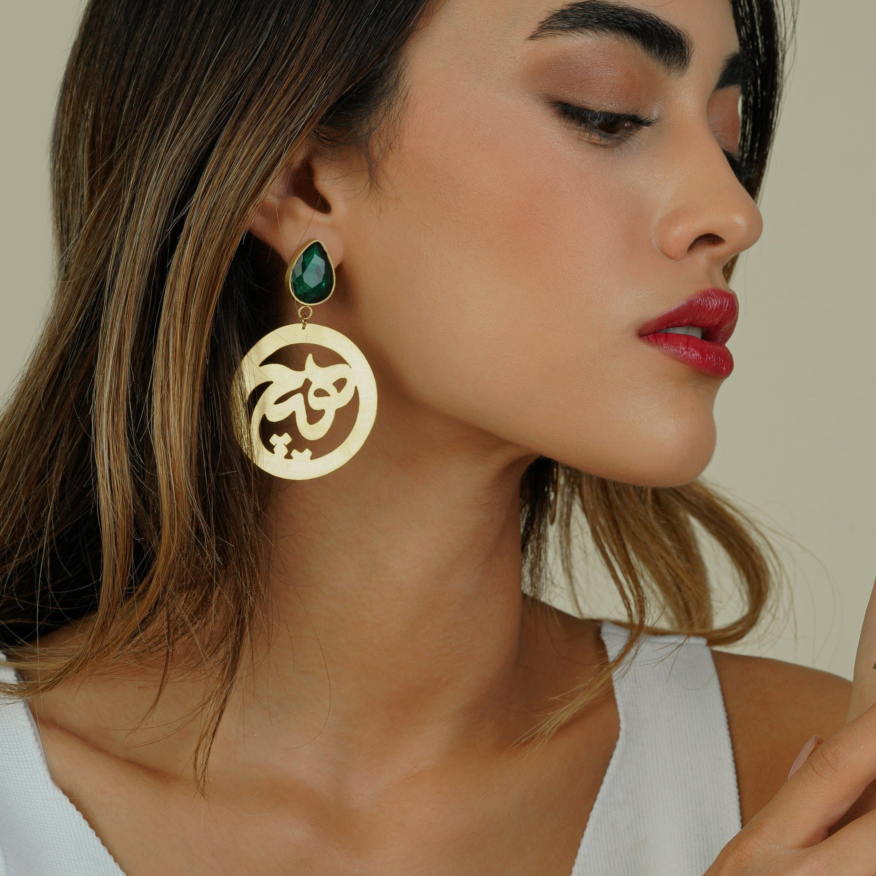 Persian Calligraphy Jewelry-Handmade Brass Heech Earrings with Shiny Green Crystal: Persian Jewelry-AFRA ART GALLERY