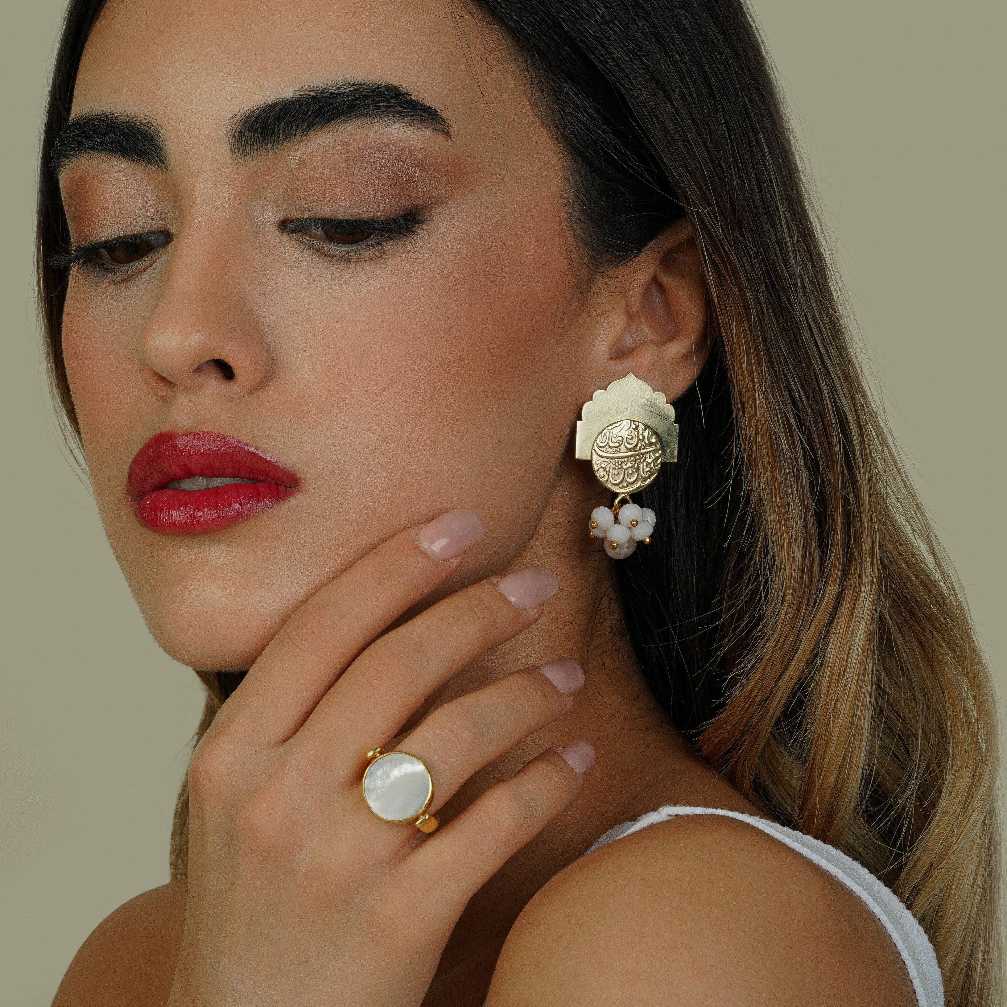 Persian Earrings-Handmade Brass stud Earrings with Pearls:Persian Jewelry-AFRA ART GALLERY